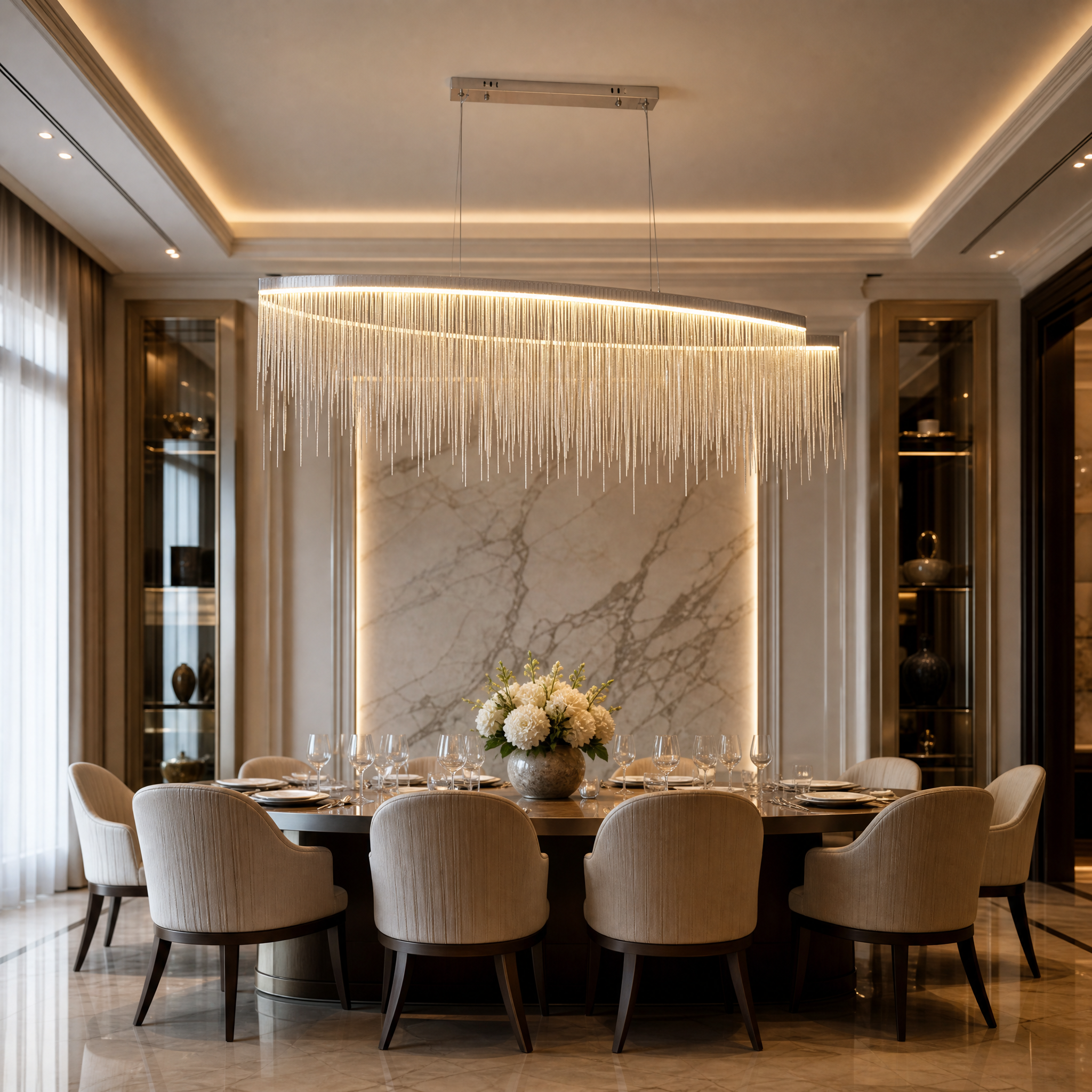 Wide angle view of the Adlington Arc Rectangular Chandelier by VORELLI suspended over a contemporary boardroom table.