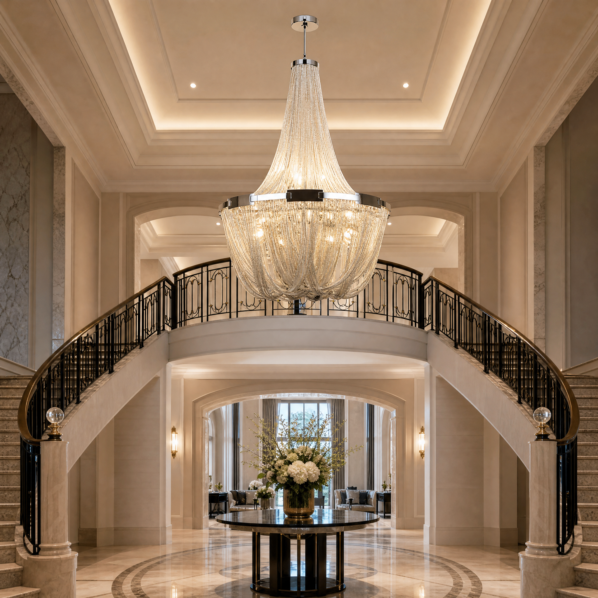 A grand hospitality setting featuring the VORELLI Adlington Grandeur Circular Chandelier illuminating a sophisticated lounge area.