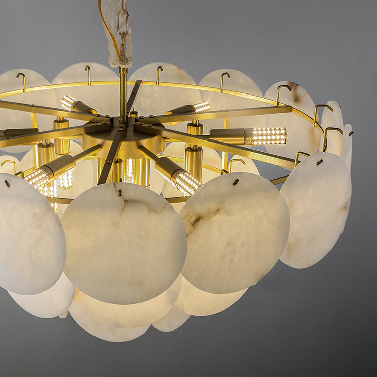 Close-up side view of VORELLI® Alfonso Marble Circular Chandelier showing natural layered marble discs