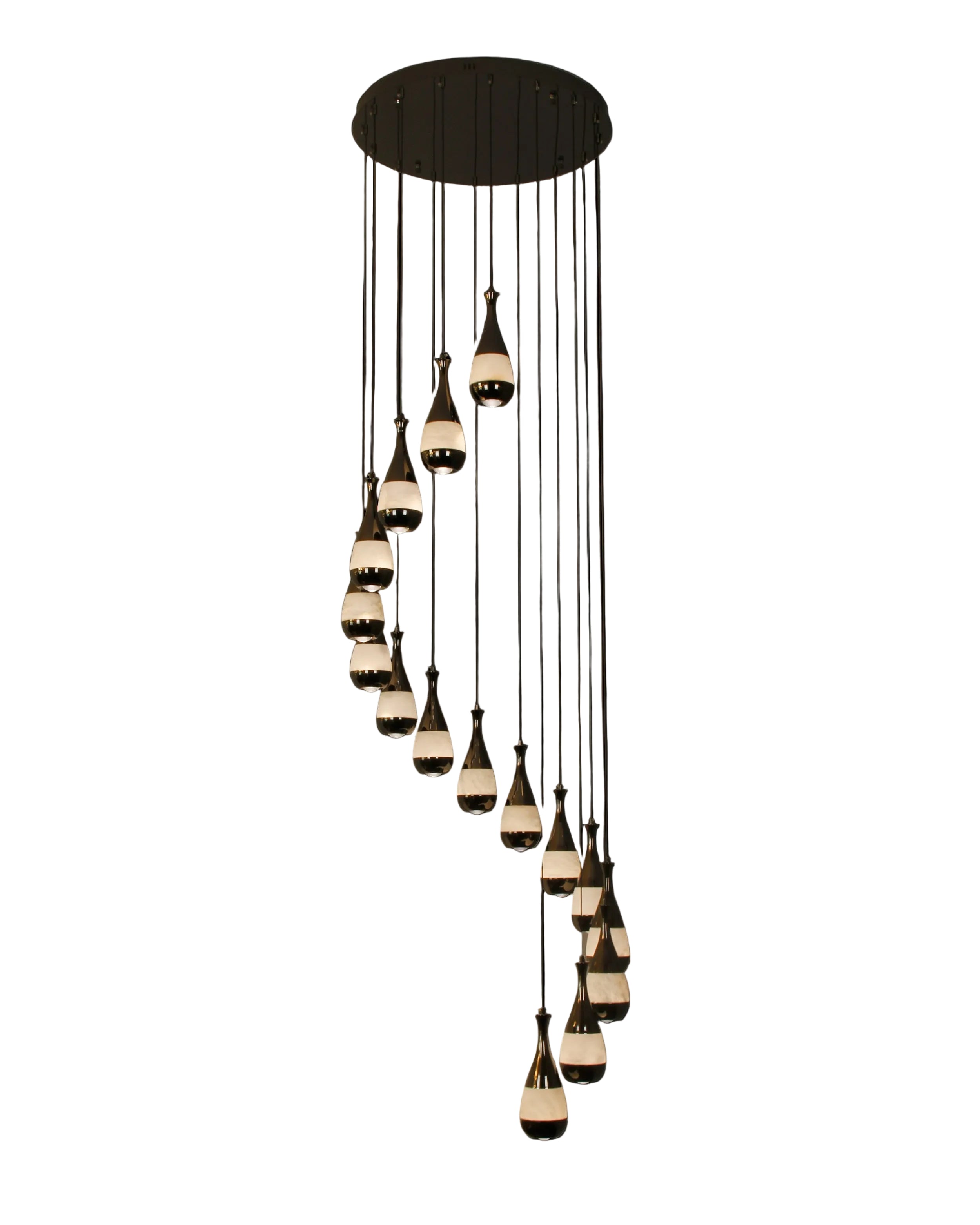 Armonia Marble Pendant Staircase Chandelier with cascading marble droplets in a spiral design.