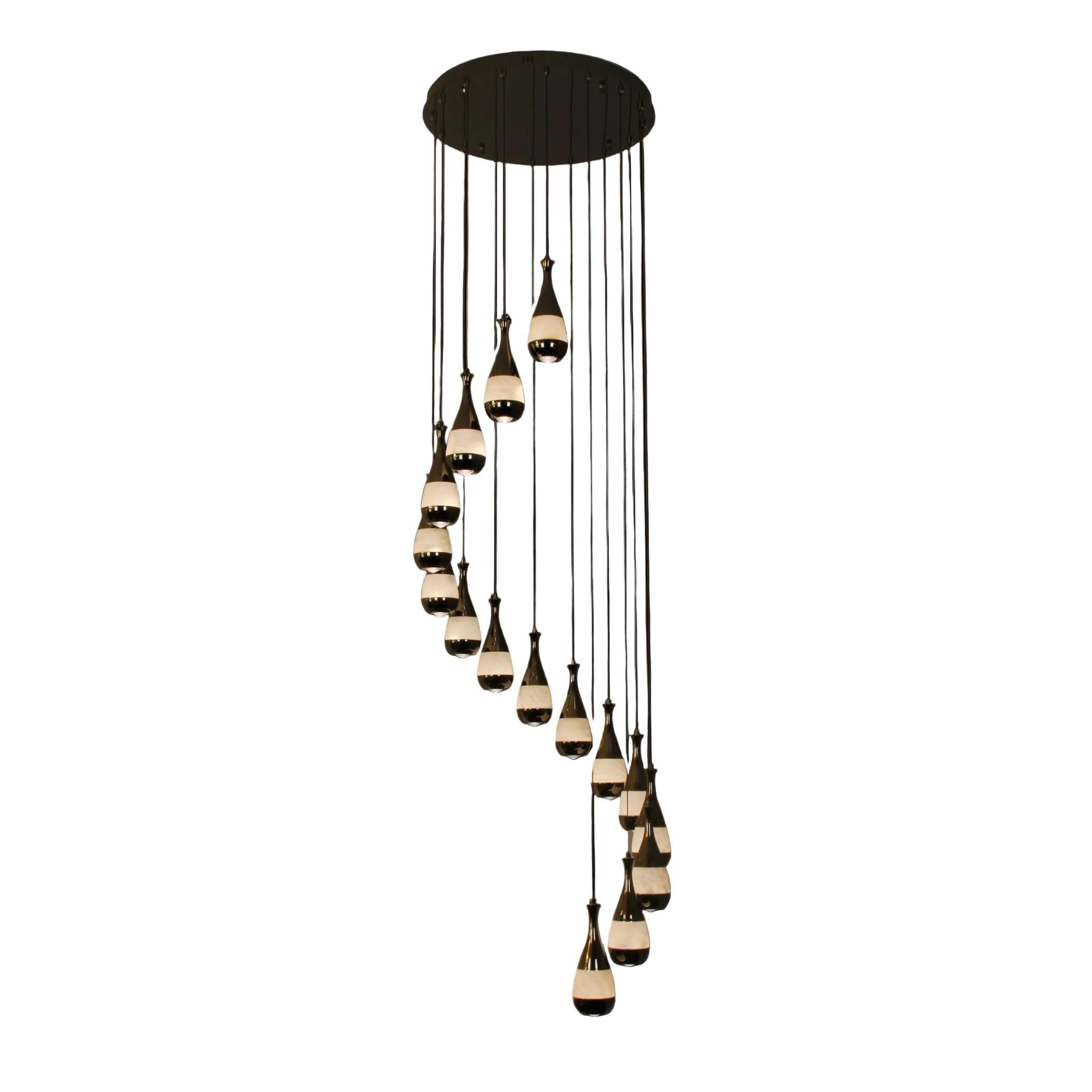 Armonia Marble Pendant Staircase Chandelier with cascading marble droplets in a spiral design.