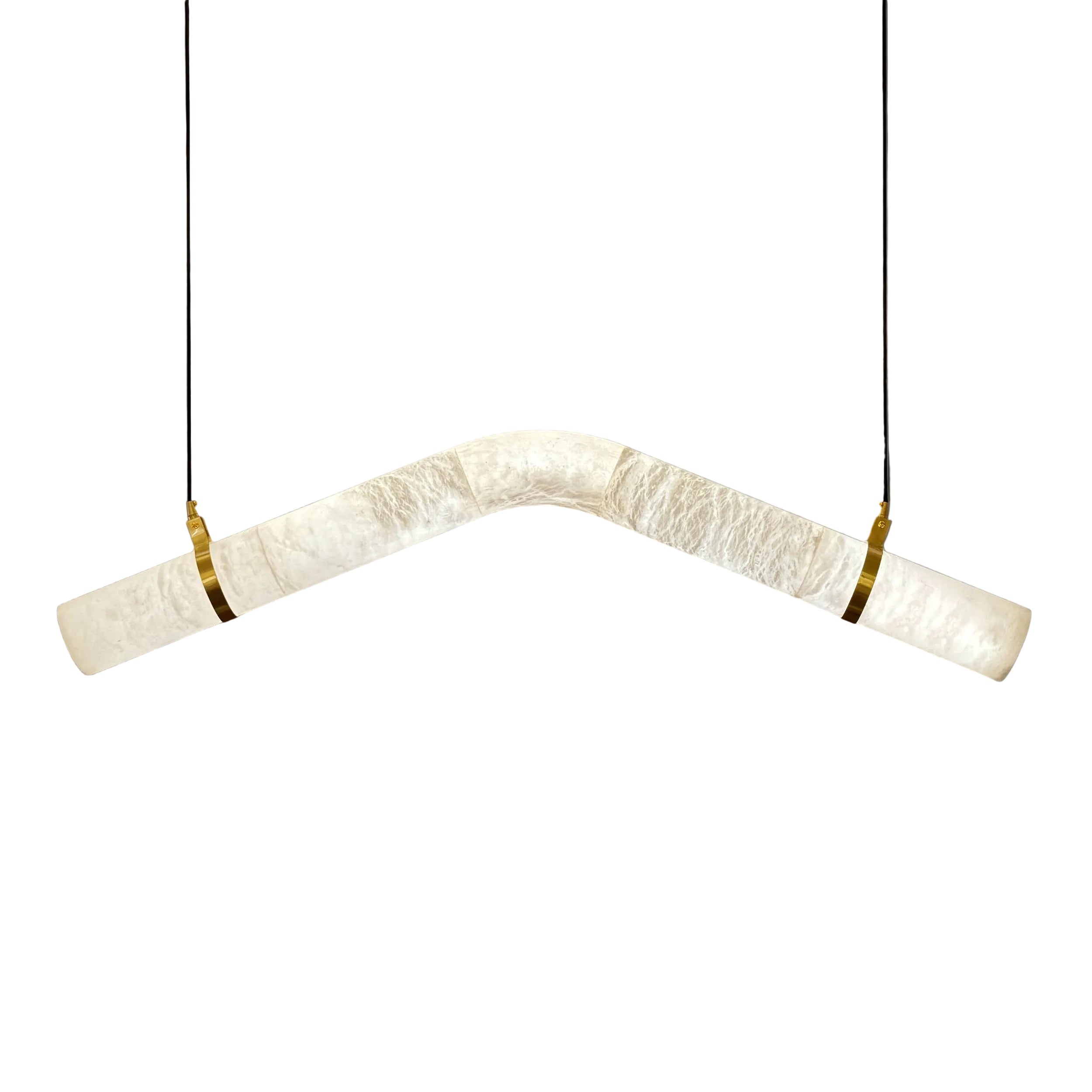 Front angle view of the Caesar Marble Rectangular Chandelier showcasing its curved marble form and warm ambient glow.