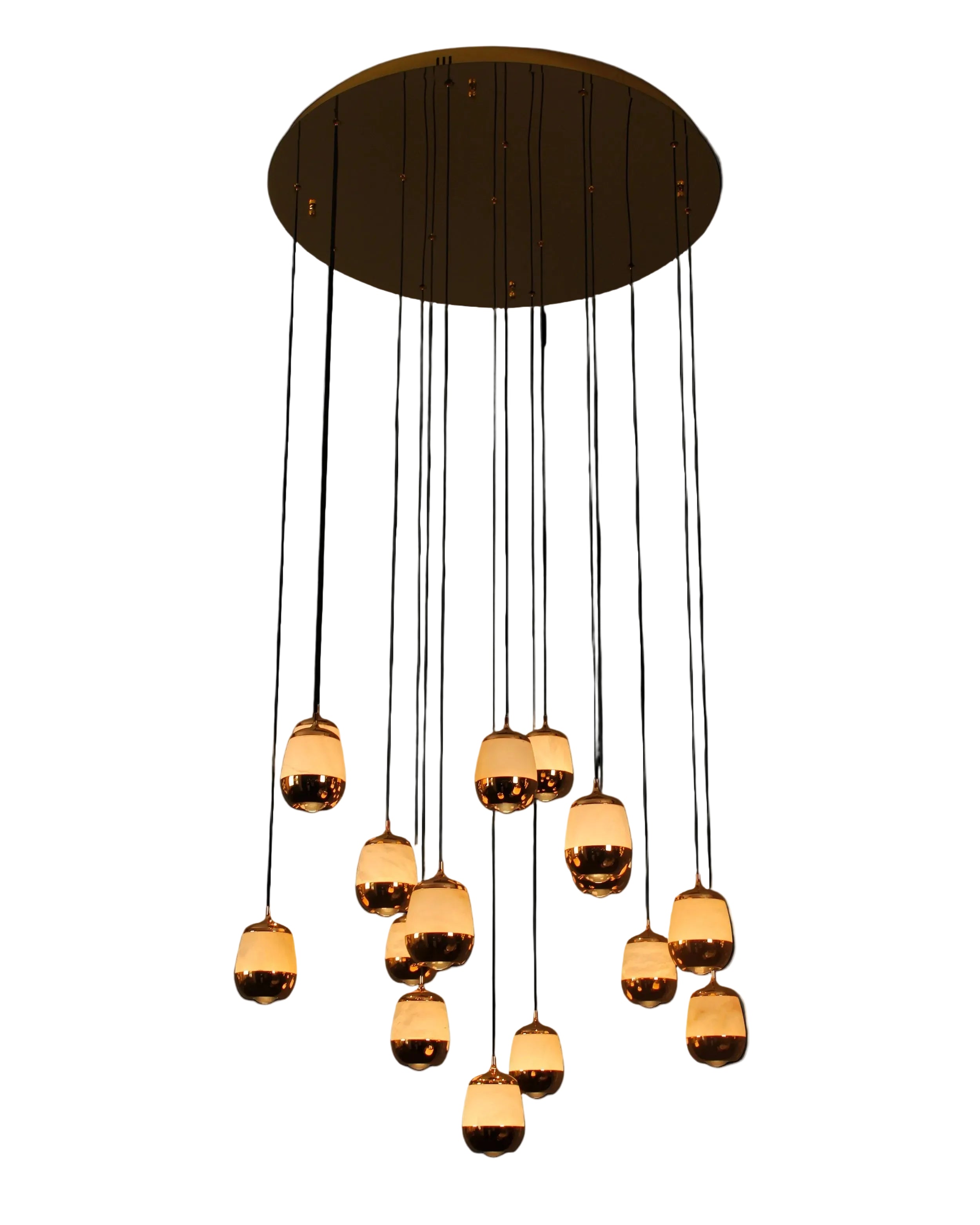 Caldera Marble Pendant Staircase Chandelier featuring cascading illuminated marble drops suspended from a circular ceiling plate.