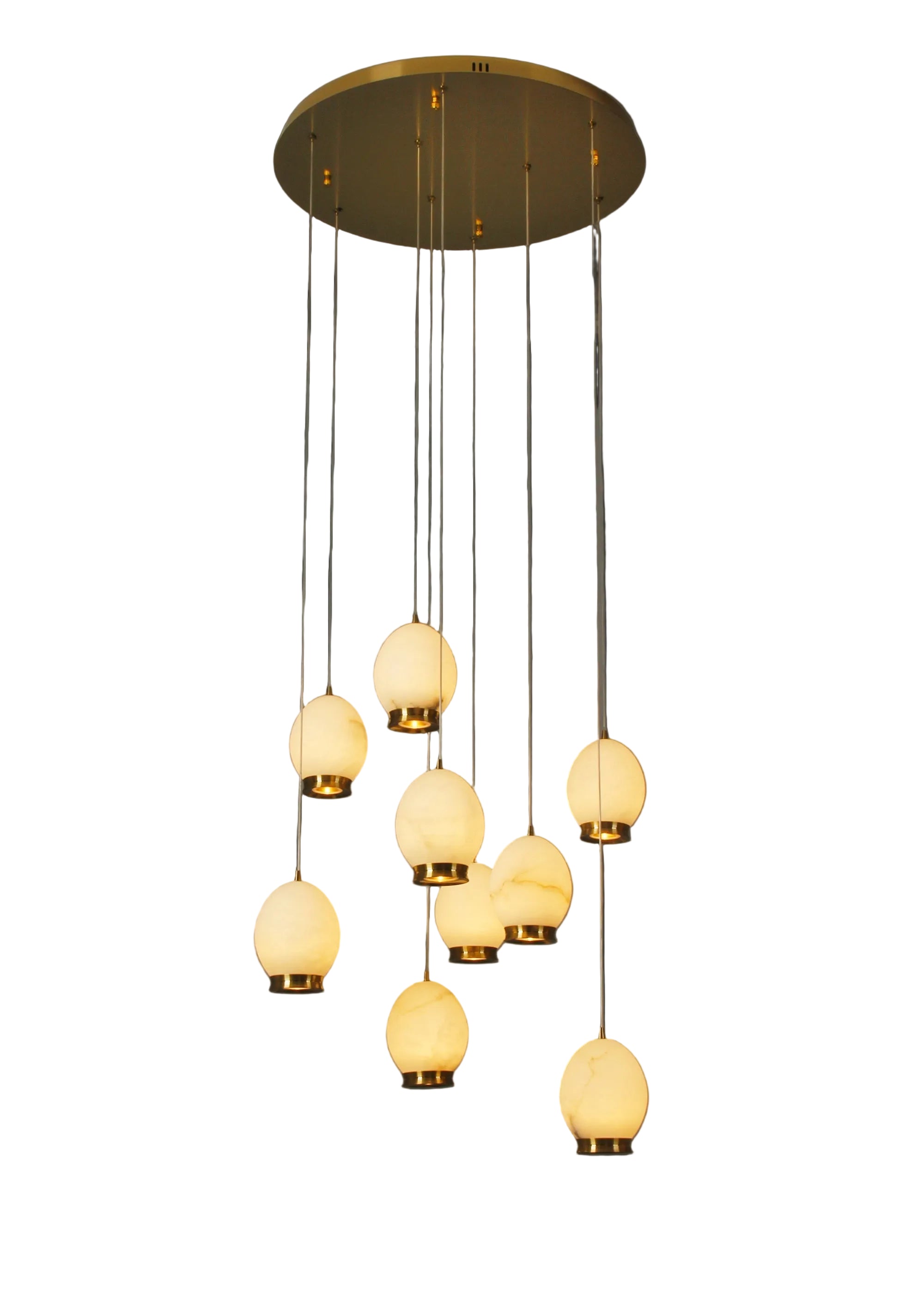 Caledonia Marble Staircase Chandelier with cascading illuminated marble globes suspended from a circular ceiling plate.