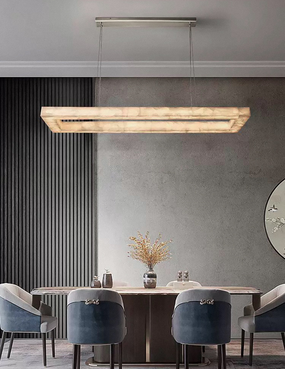 VORELLI® Circoloco Rectangular Chandelier with glowing handcrafted alabaster panels in luxury interior.