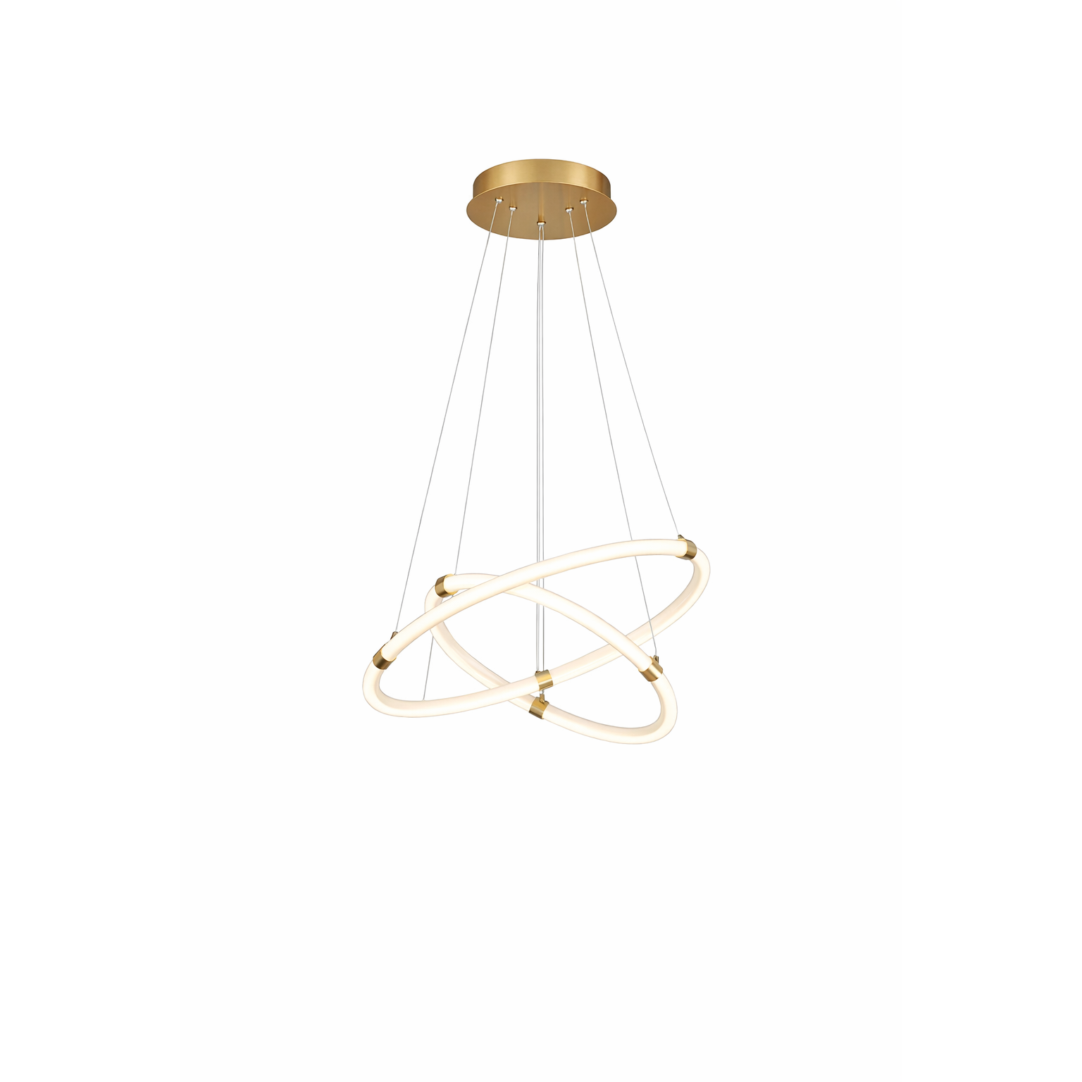 Modern pendant light with gold fixture and white circular design on a white background