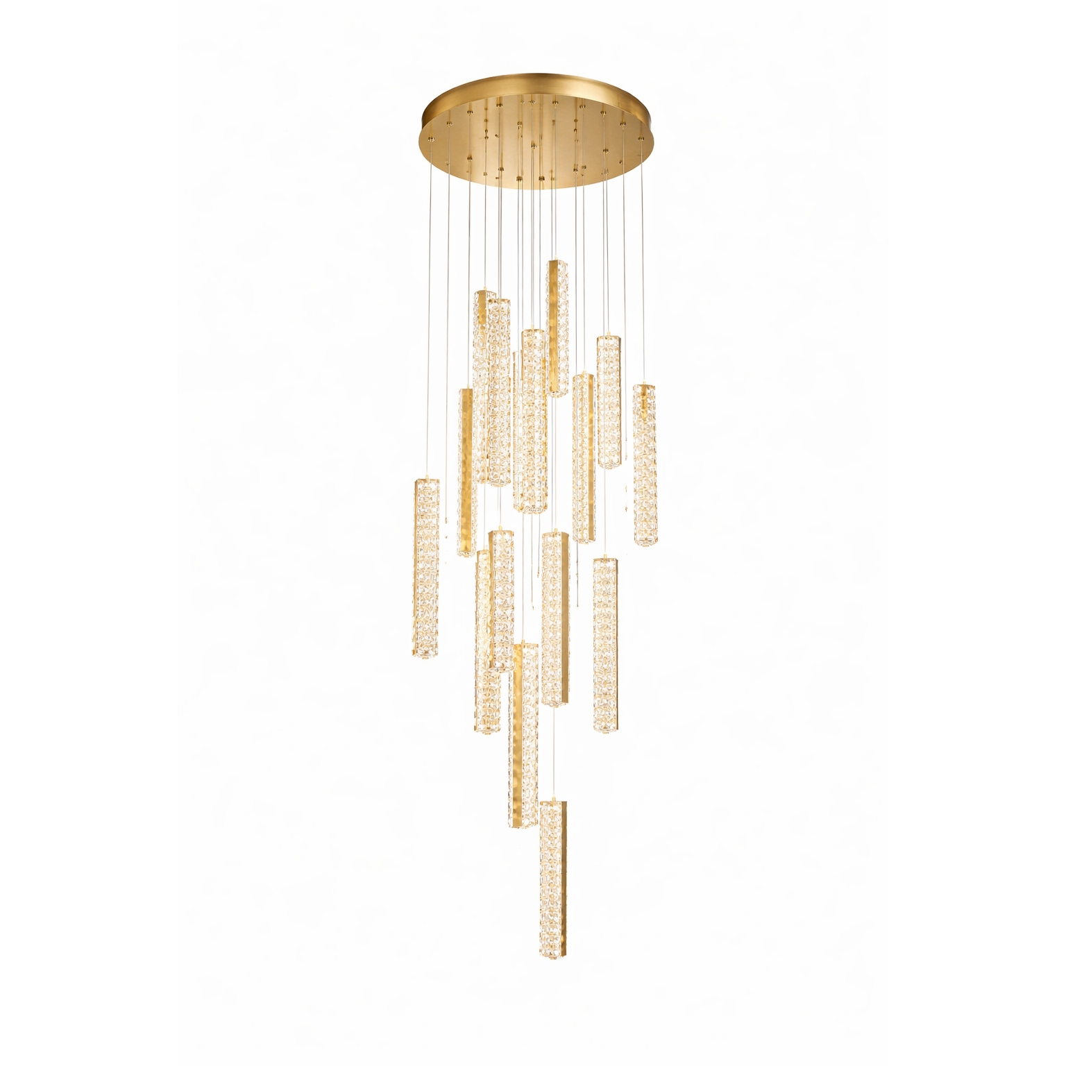 Gold chandelier with cylindrical lights on a white background