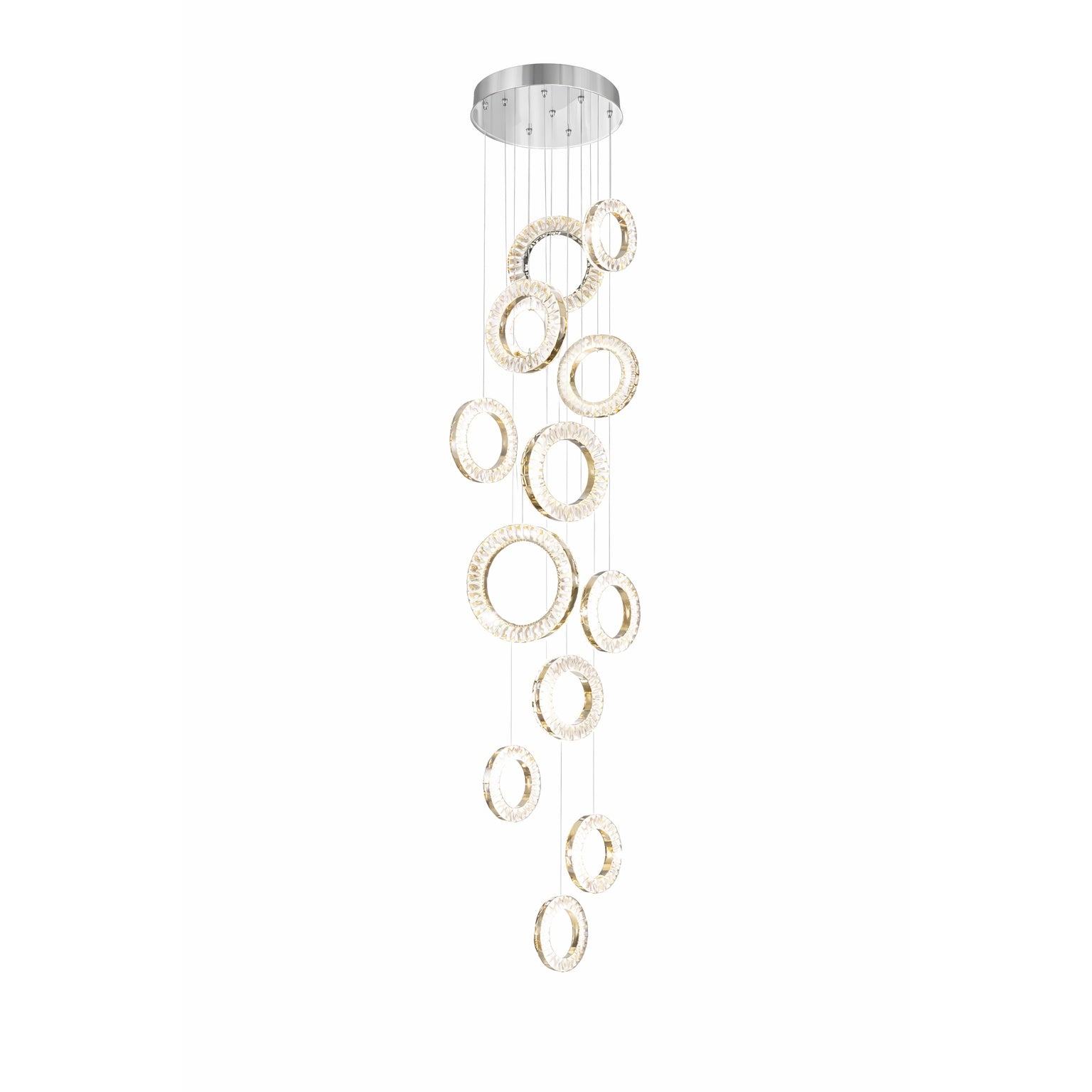 Modern pendant light with circular design on a white background