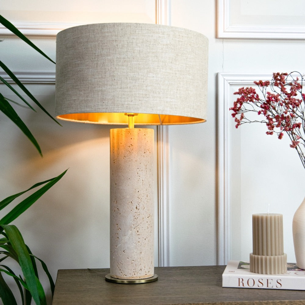 Maltera Travertine Vintage Brass Table Lamp by VORELLI, table lamp product image for bedrooms, consoles and hotel suites