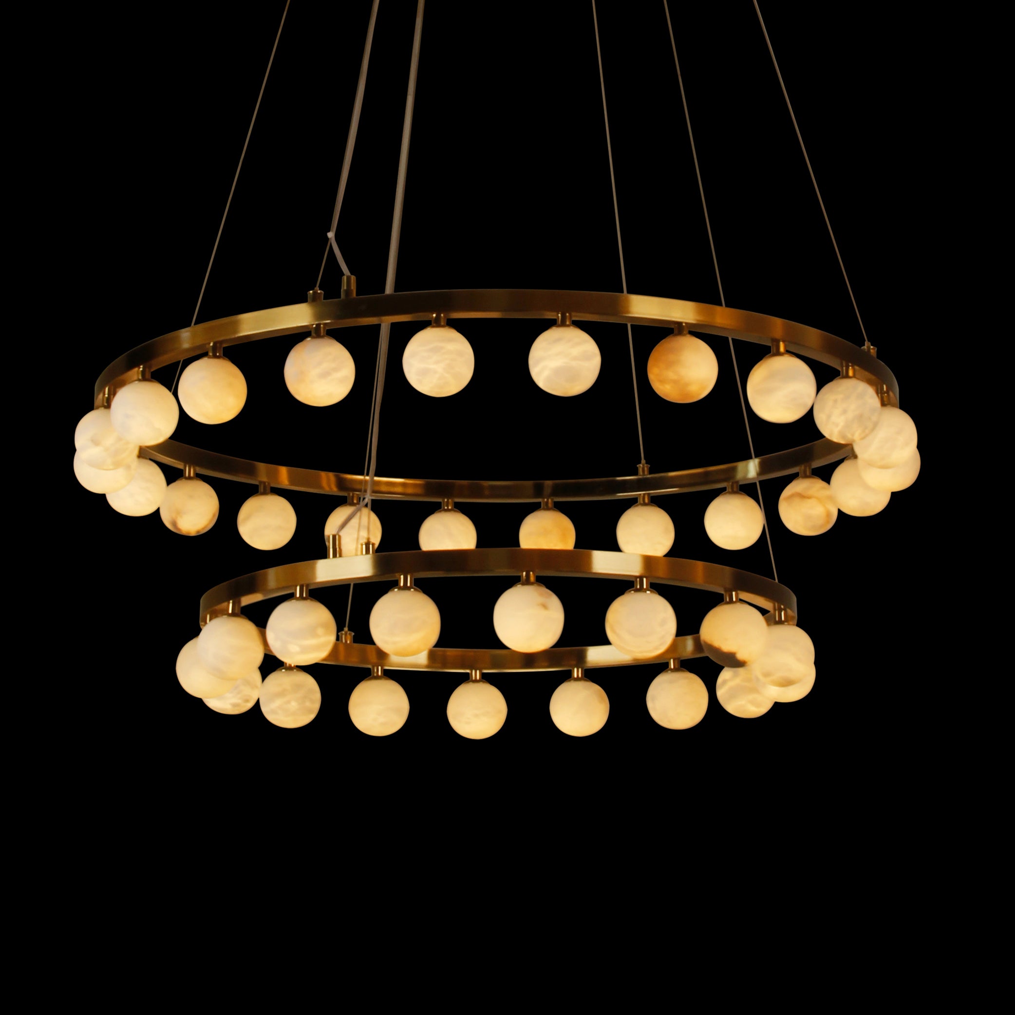 VORELLI® Orbit Marble Double Ring Chandelier with glowing spheres and gold frame.