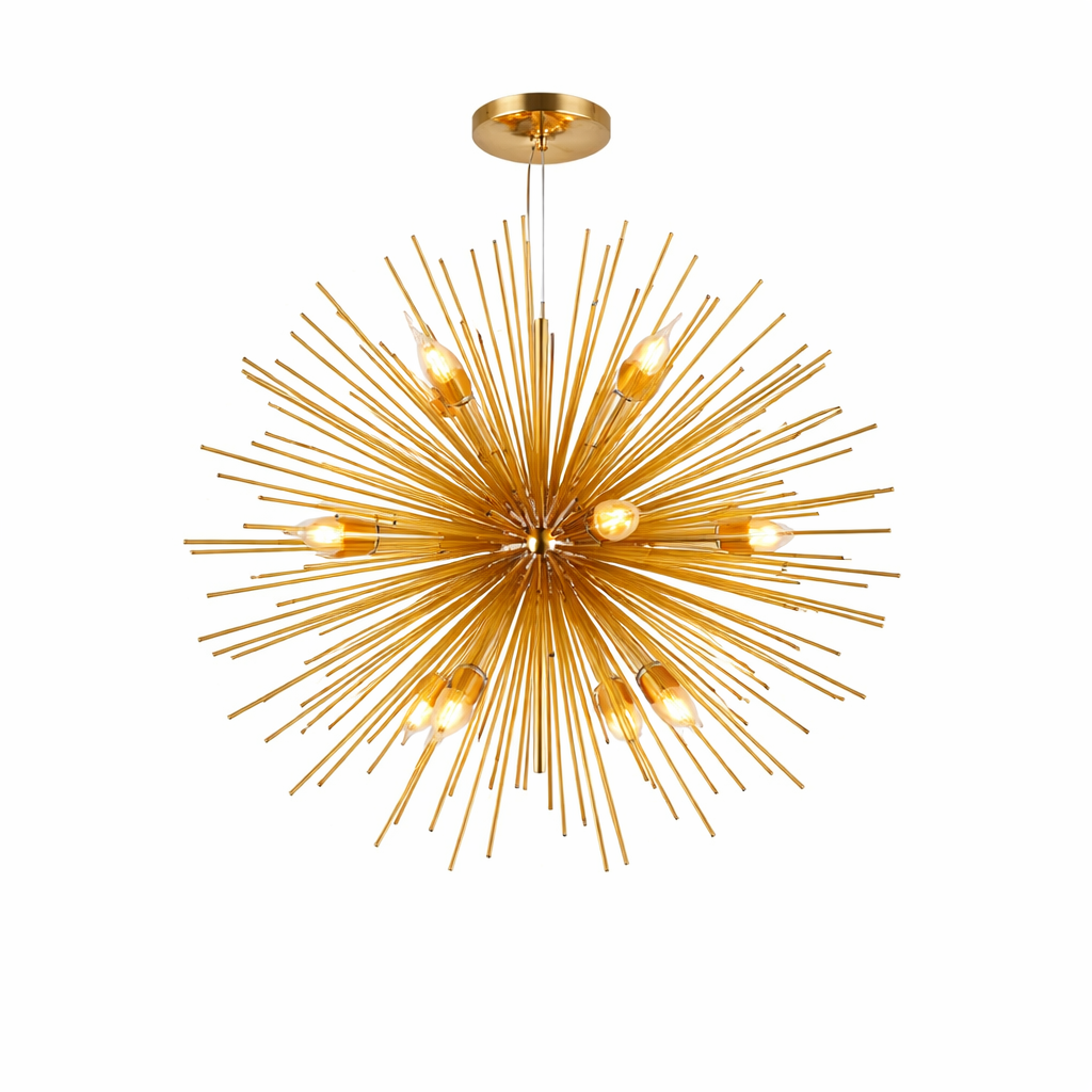 Riccio pendant light featuring spiky starburst sphere design in sculptural suspended form on white background