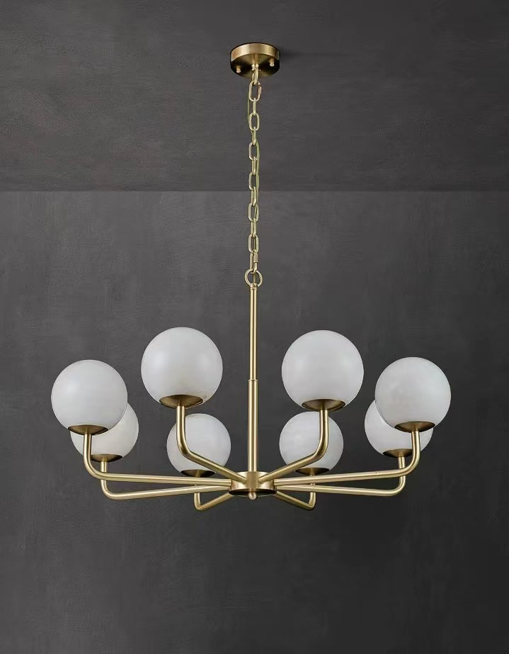 Ricco chandelier with symmetrical marble-effect globes in a circular arrangement.