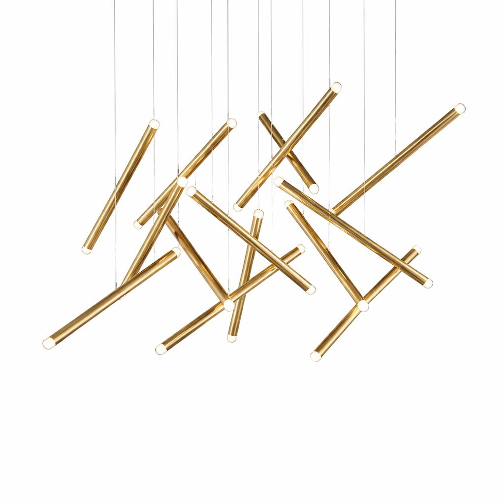 Rizzano rectangular chandelier featuring sleek linear bar pendants suspended in modern geometric arrangement on white background