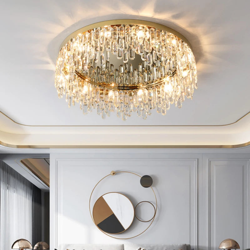 Luxury crystal ceiling light with diamond-cut faceted crystal drops, creating elegant ambient lighting in a refined modern living space
