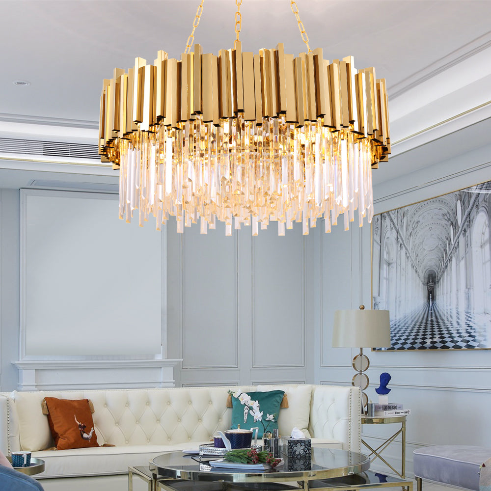 Luxury circular chandelier featuring layered crystal drops and a refined modern frame, illuminating a high-end living space with elegant ambient lighting by VORELLI®