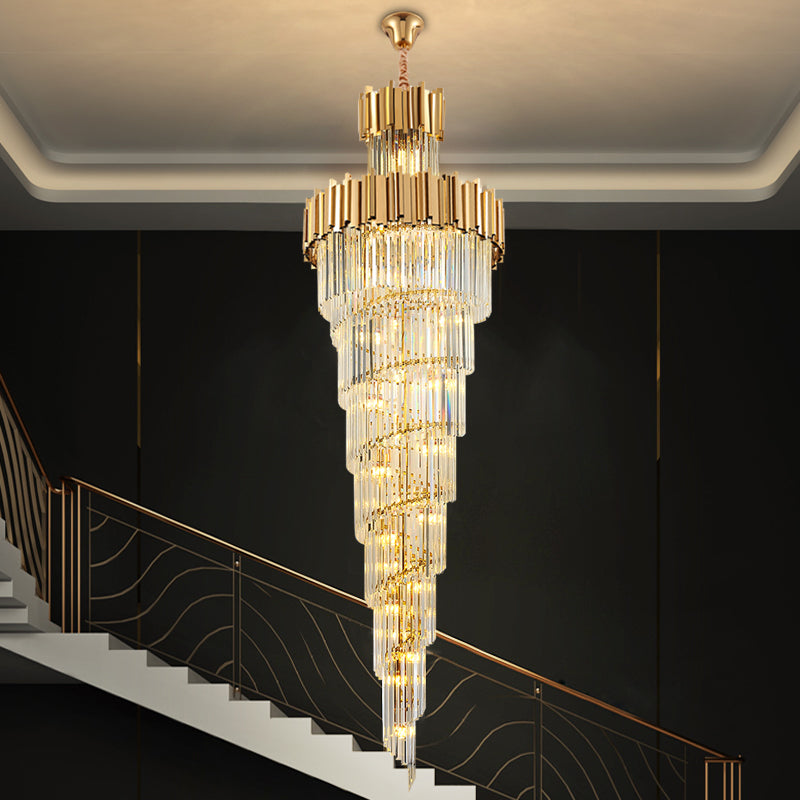 VORELLI® Boeotia Spiral Staircase Chandelier II with cascading diamond cut crystal strands, luxury statement lighting for grand staircases, double-height entrances and high-end residential or hospitality interiors.