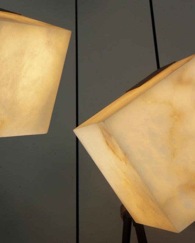 Detail Shot of Alabaster Marble Cube Pendant with Warm Illuminated Glow