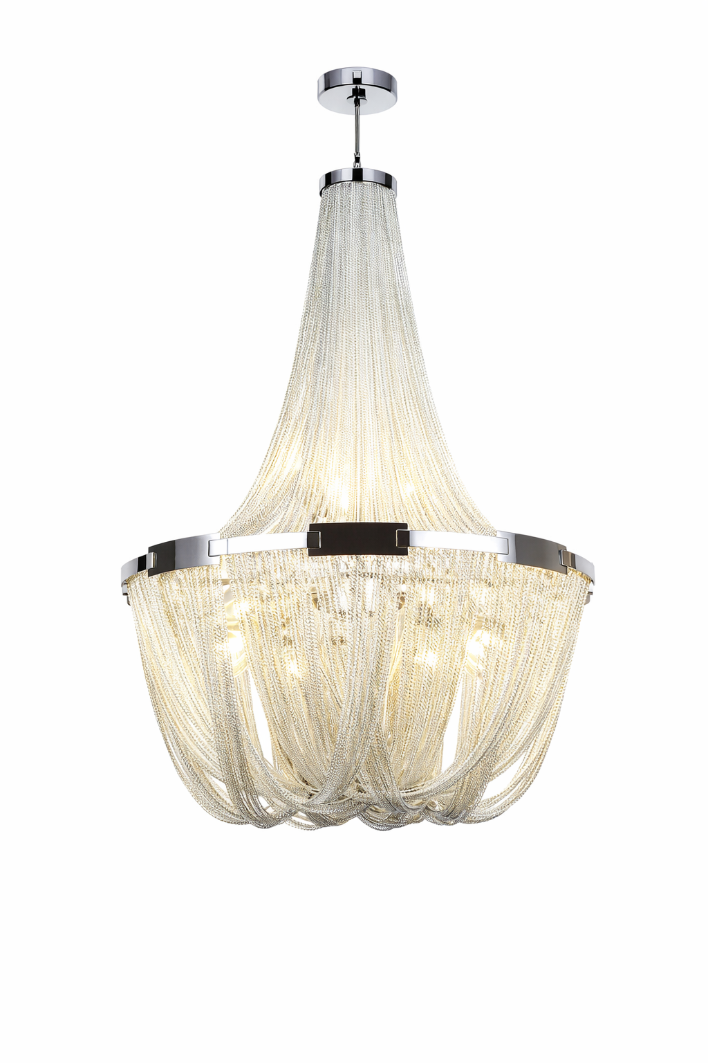 Luxury cascading chain chandelier with polished metal frame and layered draped chains, softly illuminated in modern living room interior