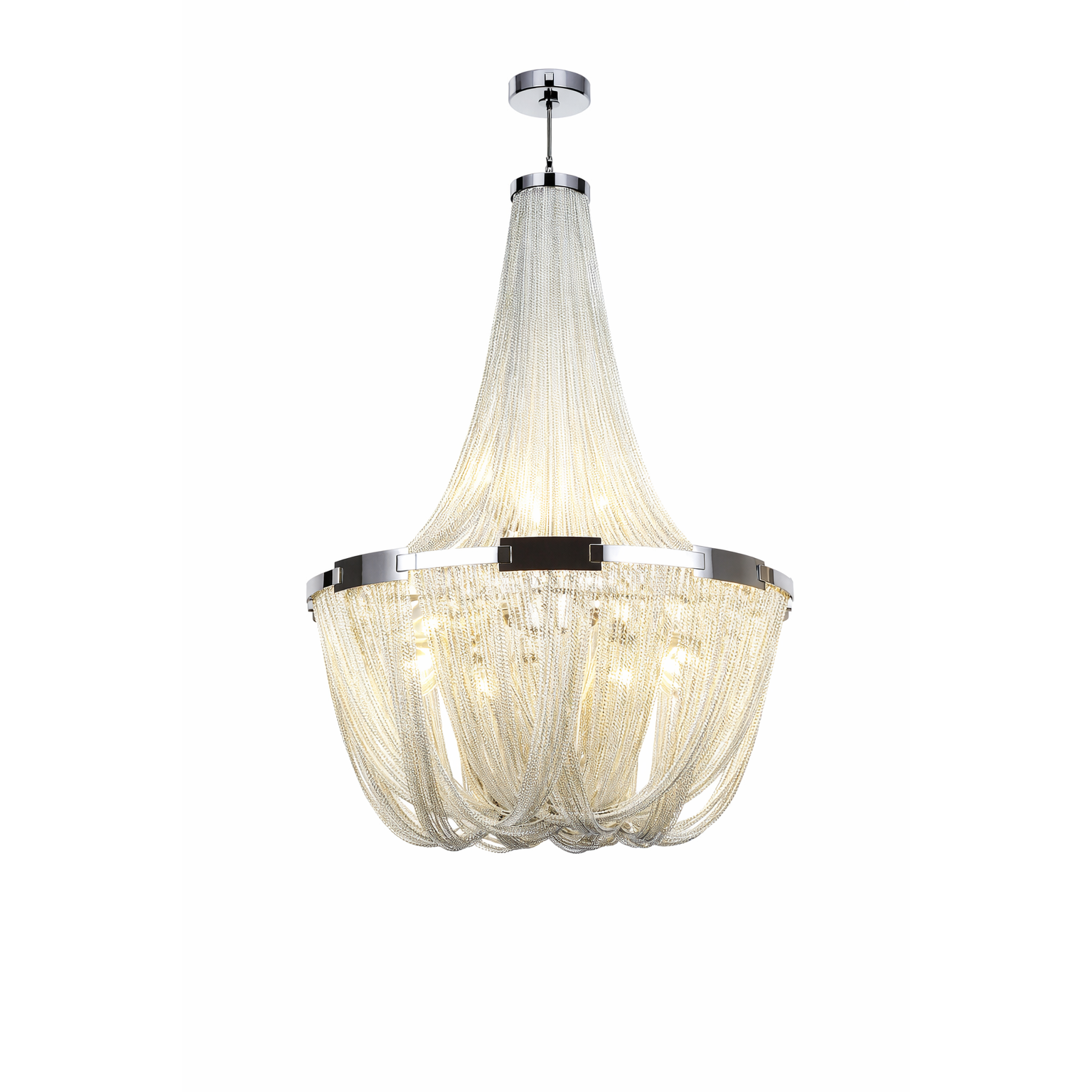 Luxury cascading chain chandelier with polished metal frame and layered draped chains, softly illuminated in modern living room interior