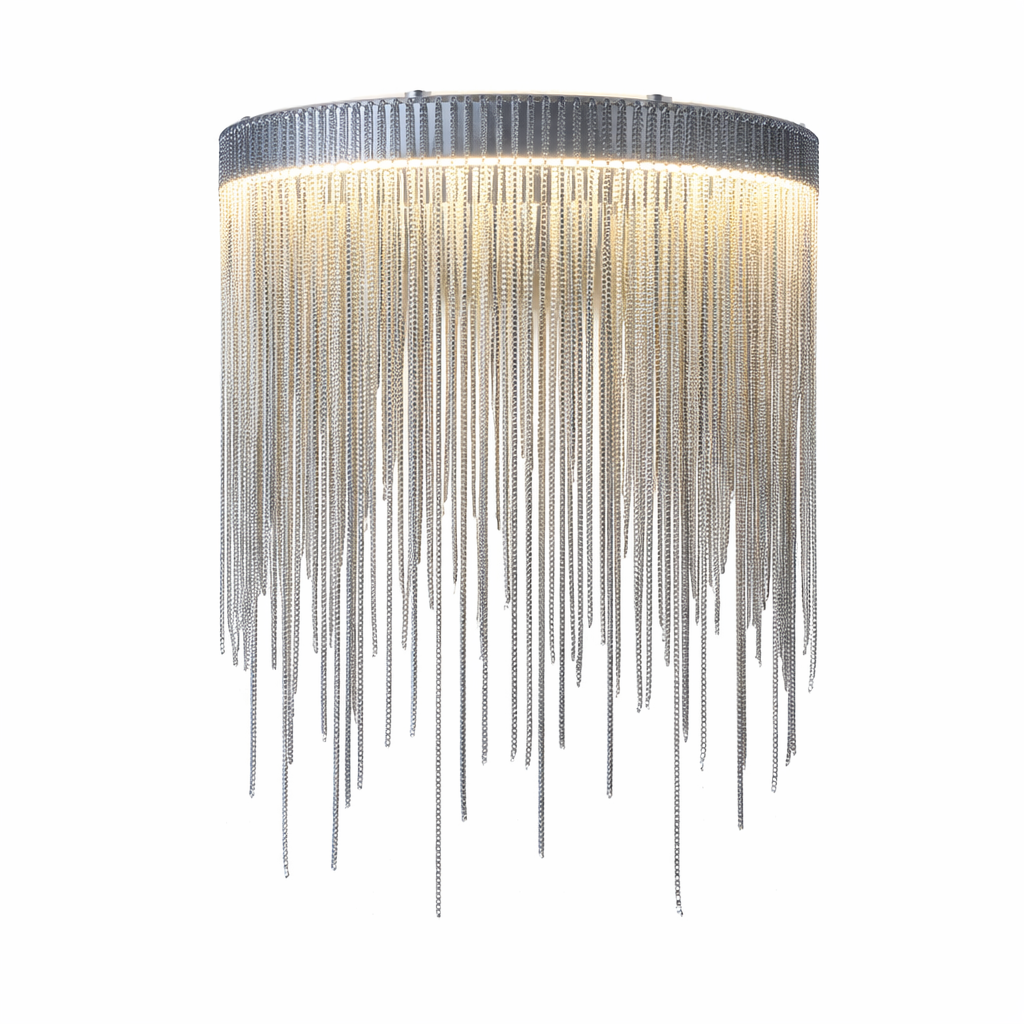 Luxury cascading silver chain wall light with cylindrical beaded fringe suspended from a circular illuminated frame, isolated on pure white background