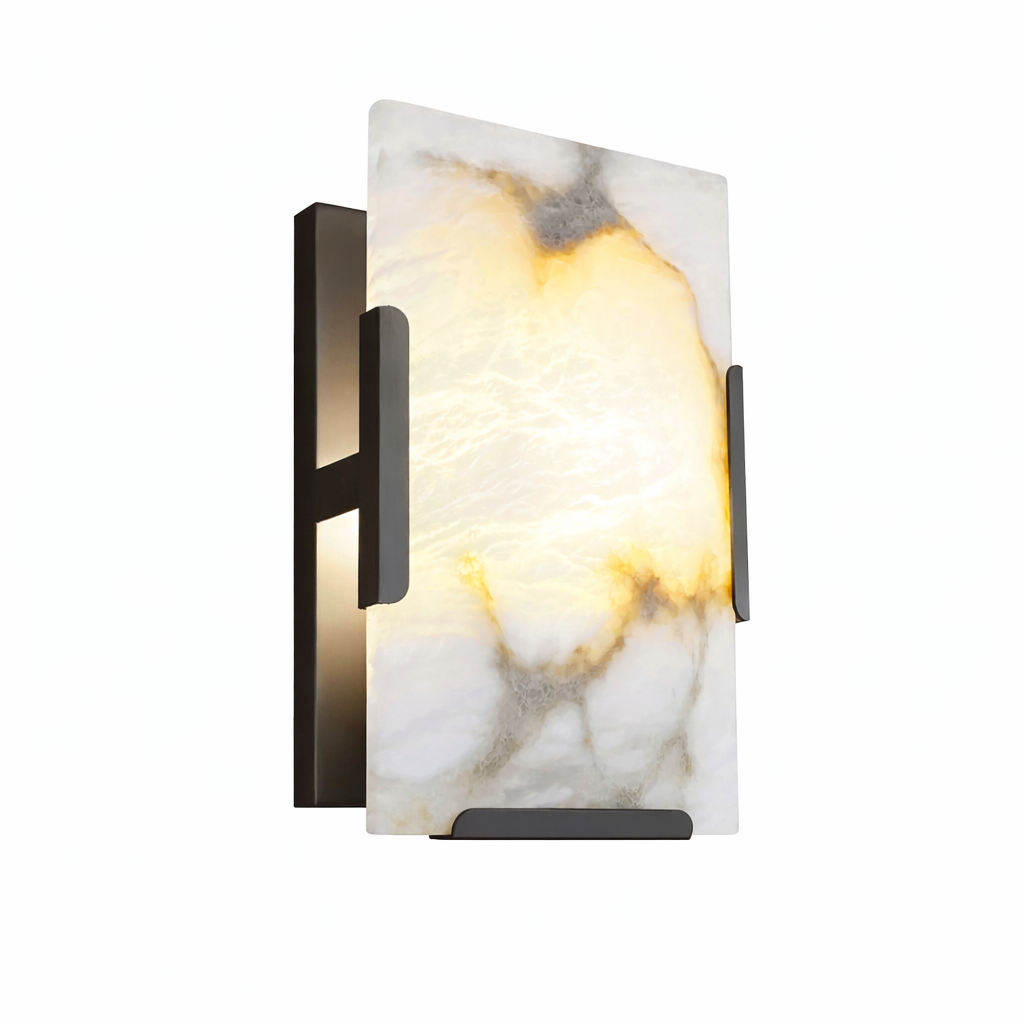 Luxury alabaster marble wall light with natural grey and golden veining, softly illuminated rectangular stone panel, and matte black wall-mounted frame on a pure white background.