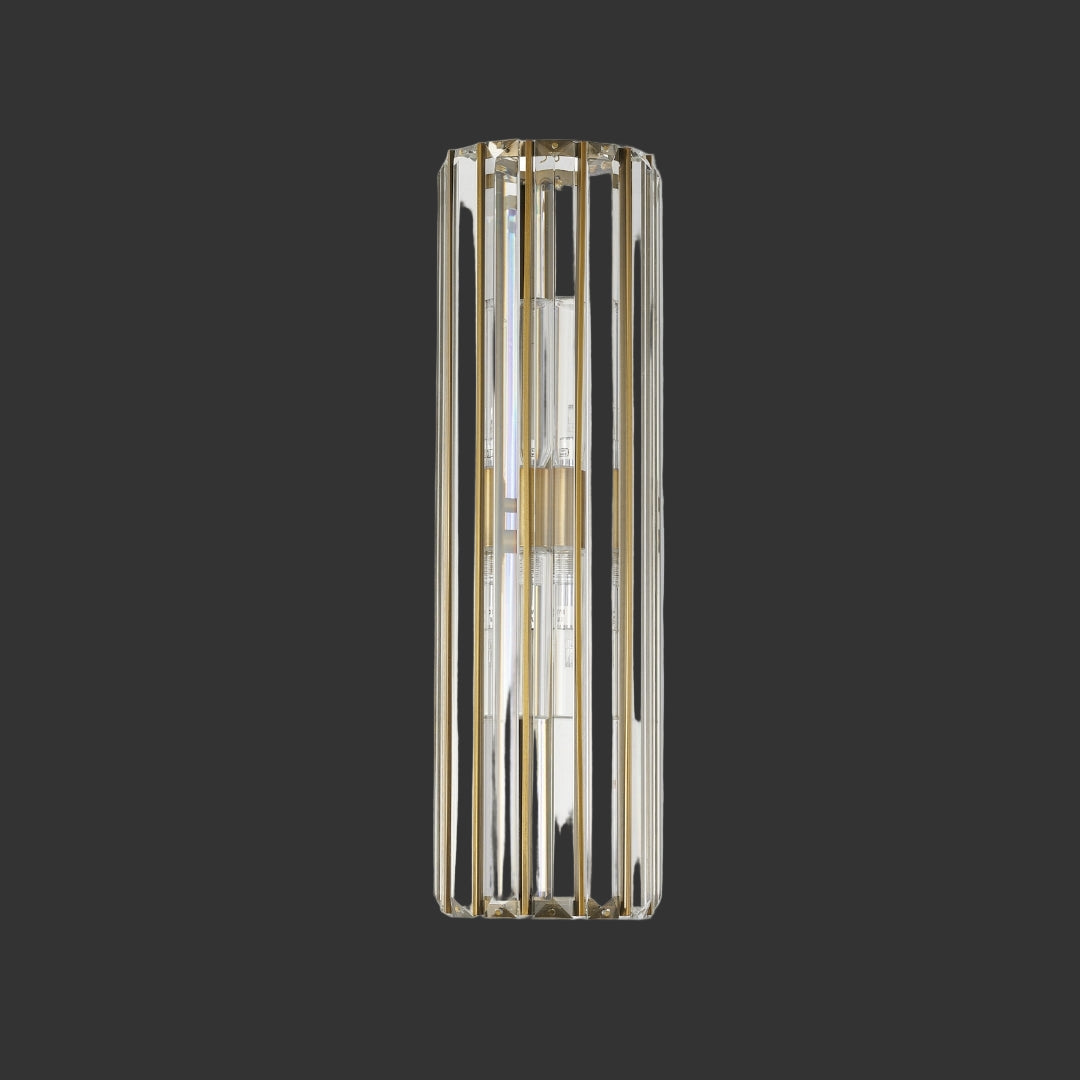 VORELLI Apollo IP65 wall light with vertical crystal bars in a brass finish.