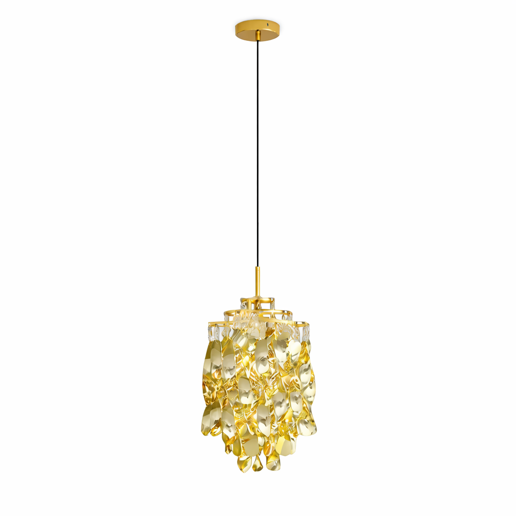 Luxury gold crystal pendant light with layered faceted teardrop prisms, slim black suspension cable, and round gold ceiling canopy on a pure white background.