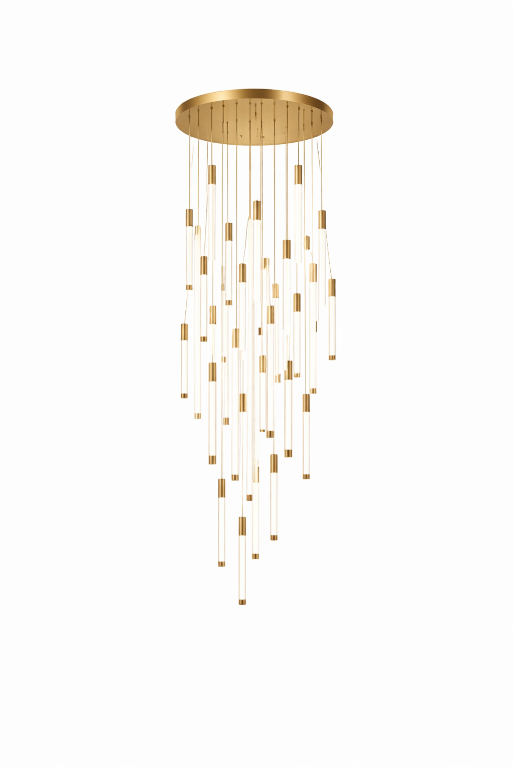 Luxury freefall staircase chandelier with cascading vertical LED tube pendants, polished gold accents, and circular ceiling plate, displayed on a pure white background for modern double-height interiors.