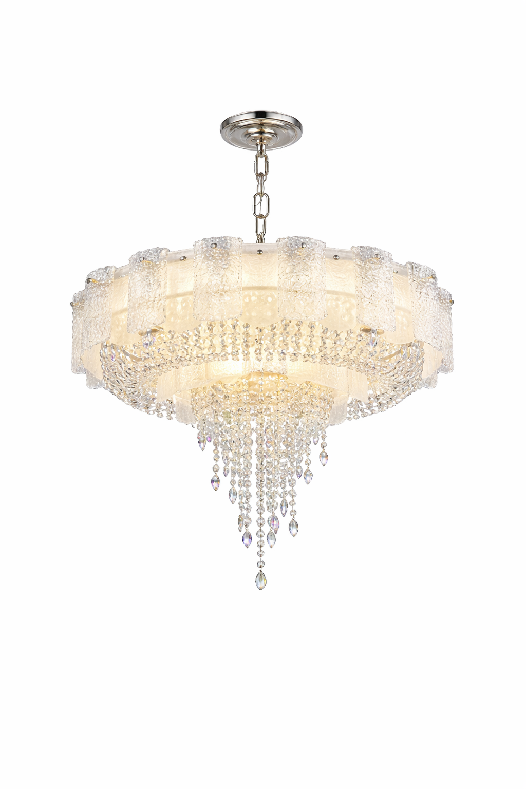 Luxury circular crystal chandelier with layered faceted crystal panels, cascading crystal drop centre, warm integrated illumination, and a polished round ceiling canopy on a pure white background.