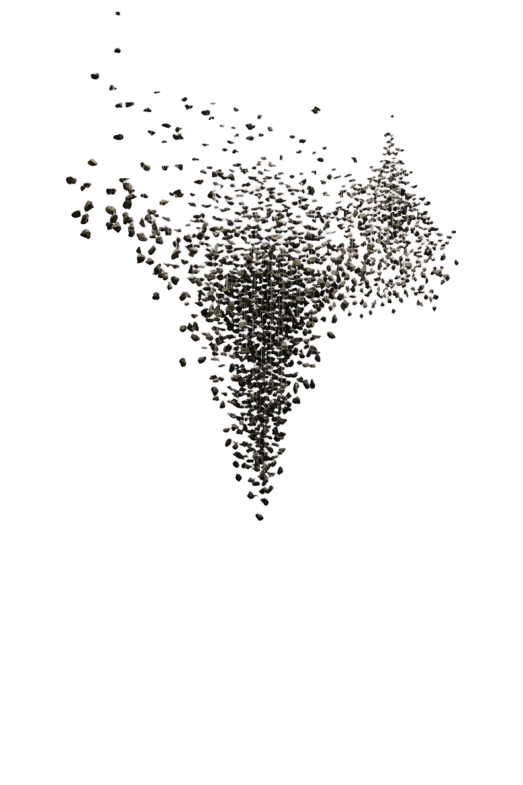 VORELLI® Basilica black stone staircase chandelier with suspended natural stone fragments forming a cascading sculptural installation on white background