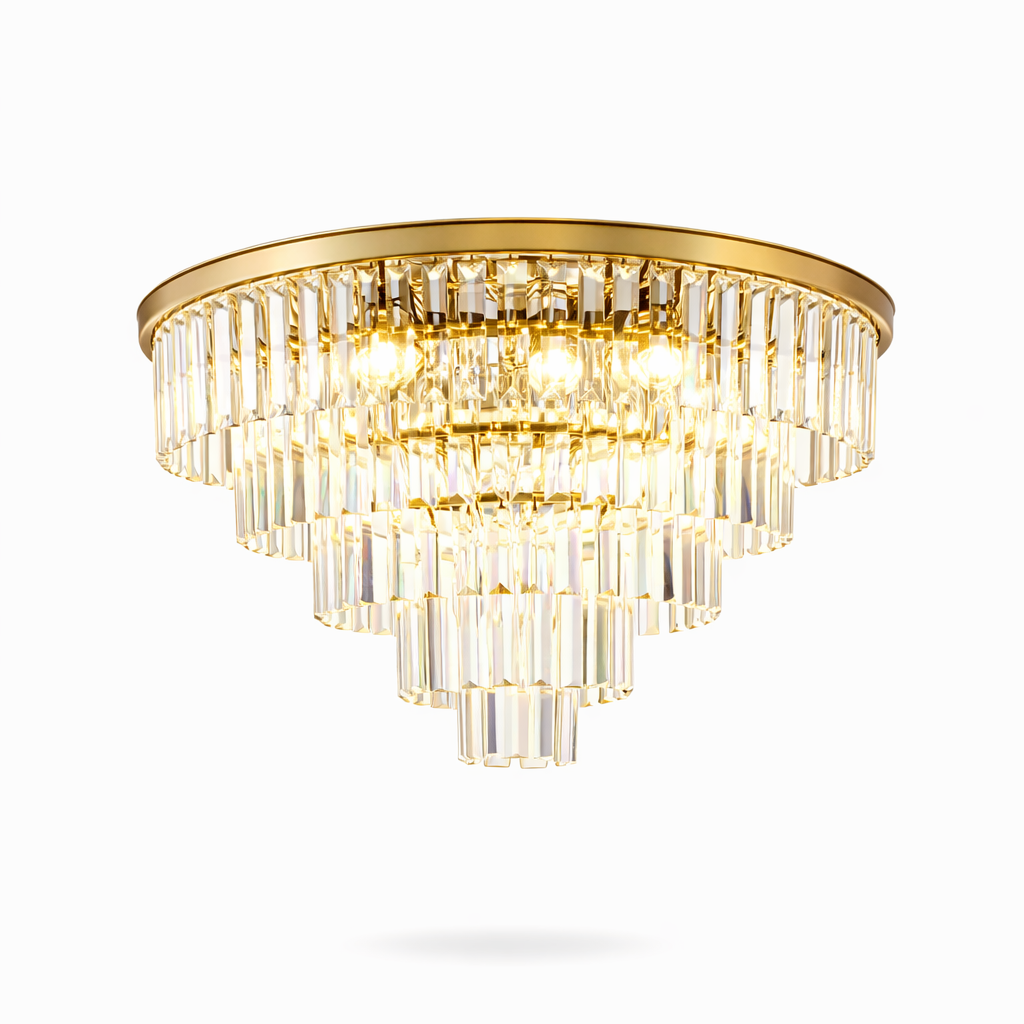 Luxury flush mount crystal ceiling light with fiver-tier faceted prism crystals and gold circular frame on pure white background, modern designer ceiling lighting for elegant interiors.