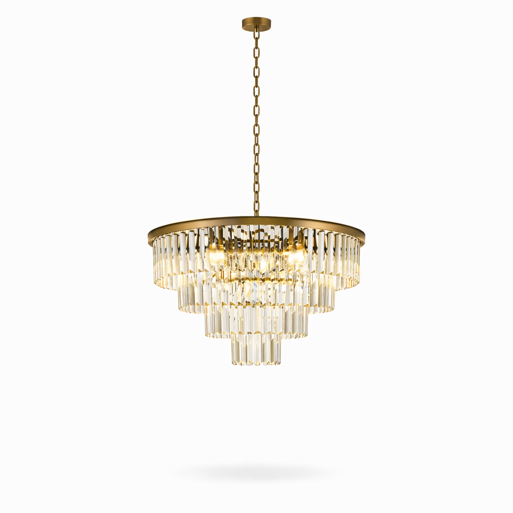 Luxury three-tier crystal circular chandelier suspended by chain above elegant dining table, featuring clear faceted glass prisms and warm ambient LED illumination in a refined modern interior.