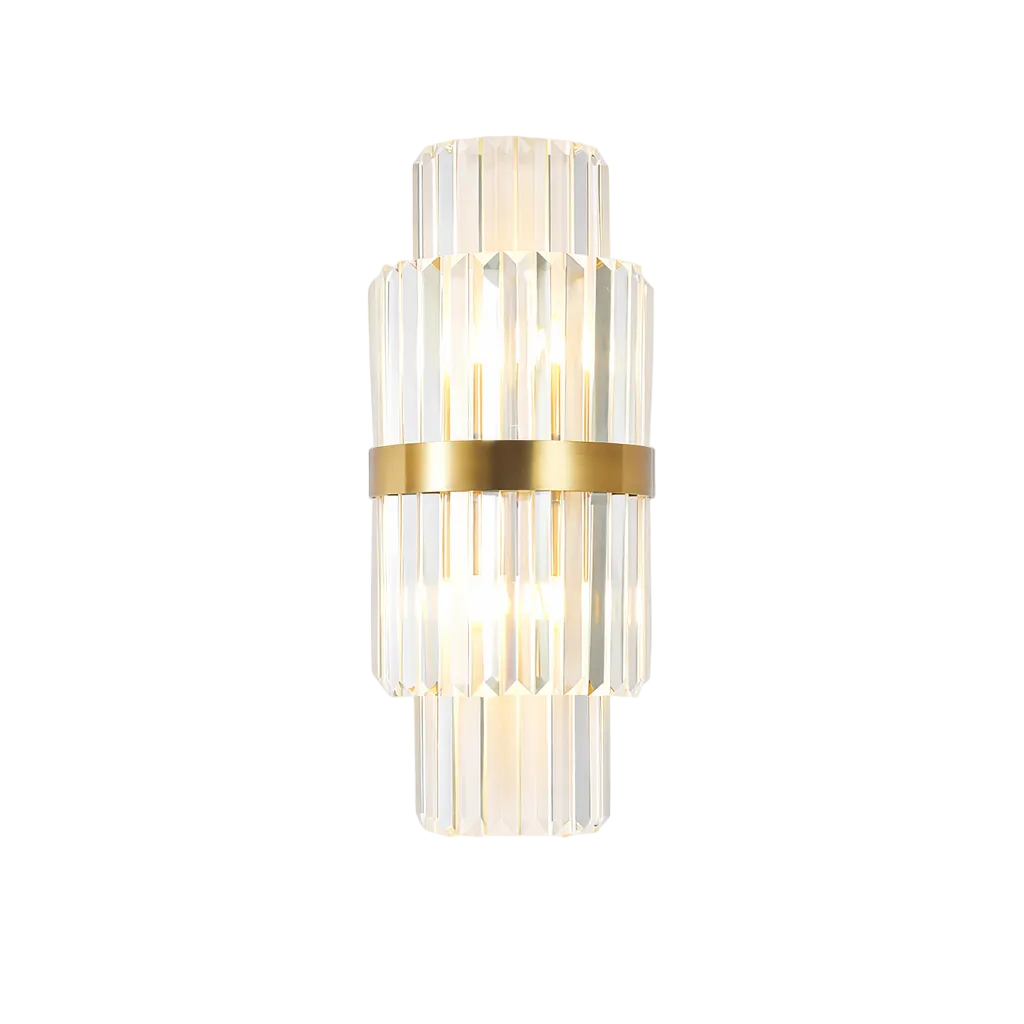 Luxury crystal wall scone light, with Brushed Brass frame. For high-end luxury interiors, residential and hospitality.