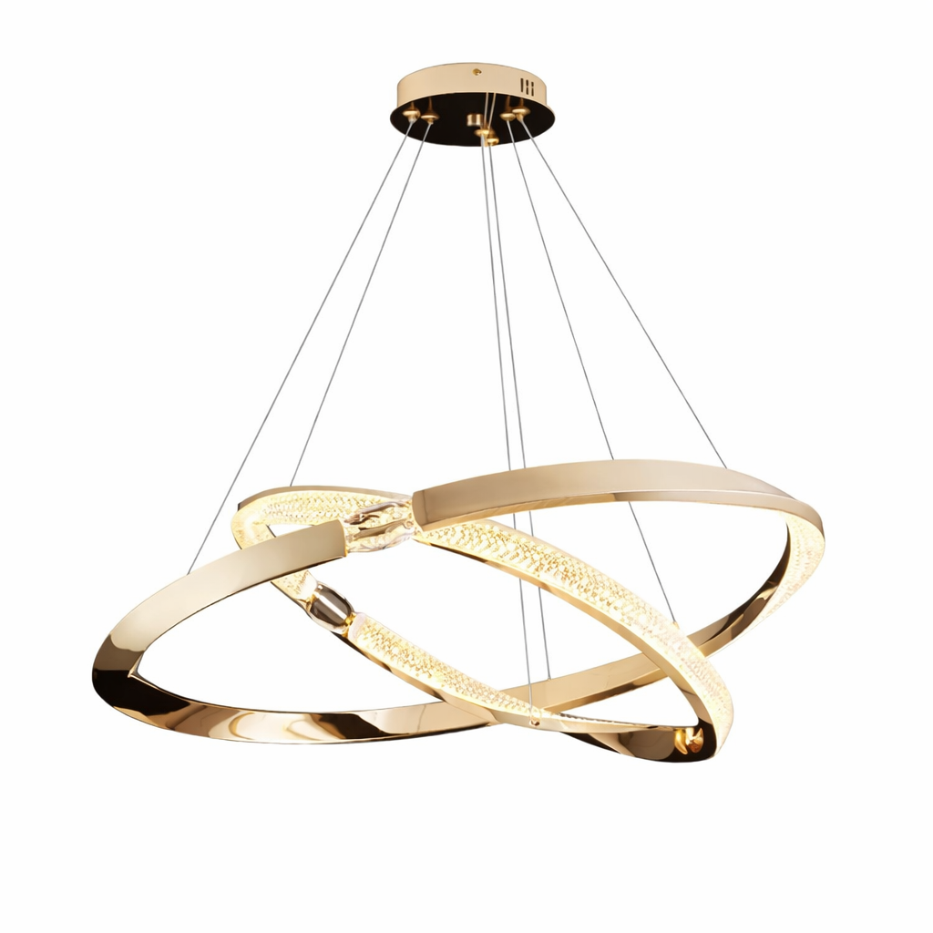 VORELLI® Belgravia double ring chandelier in polished gold with integrated LED crystal diffuser suspended from ceiling canopy on white background