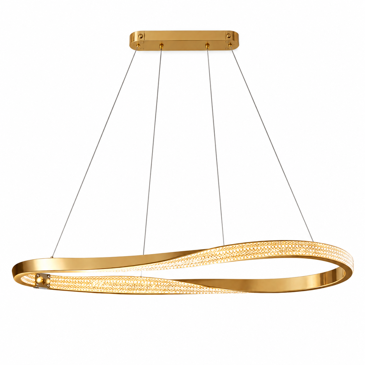 VORELLI® Belgravia twisted linear LED chandelier in polished gold with crystal diffuser suspended from rectangular ceiling canopy in modern interior
