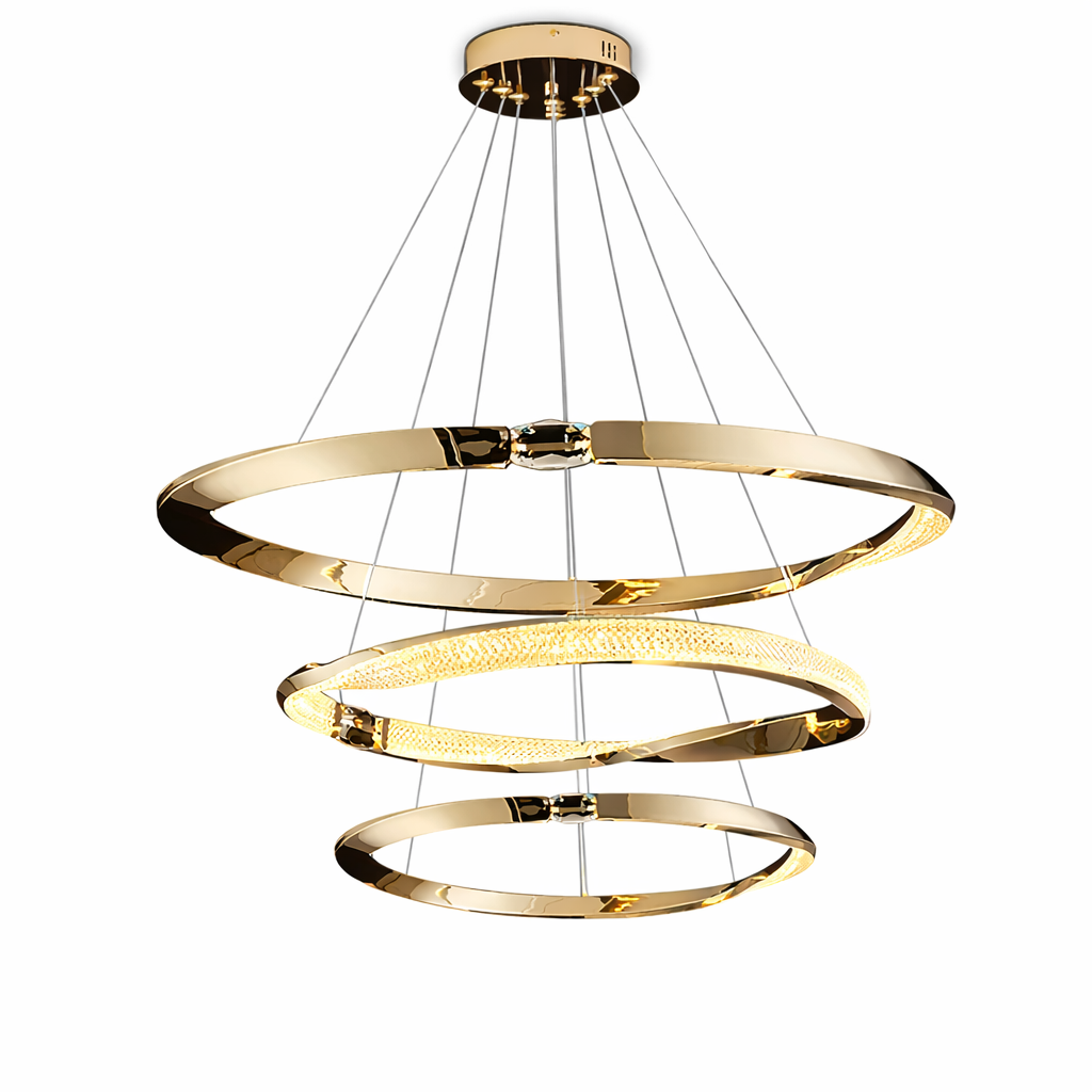 VORELLI® modern gold triple-ring chandelier with integrated LED illumination, luxury designer ceiling lighting for dining rooms, living spaces and contemporary interiors.