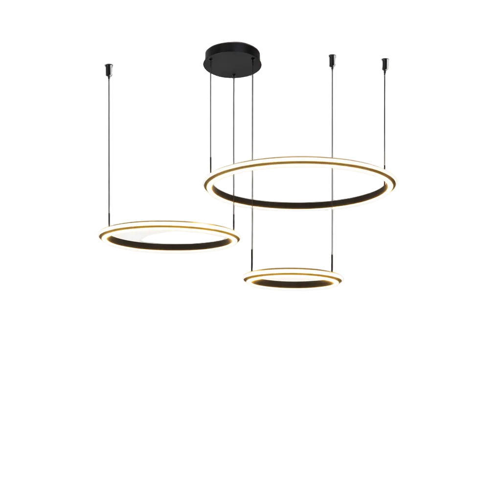 Modern three-ring LED staircase chandelier in matte black with warm white illuminated circular pendants suspended at varying heights on a pure white background.