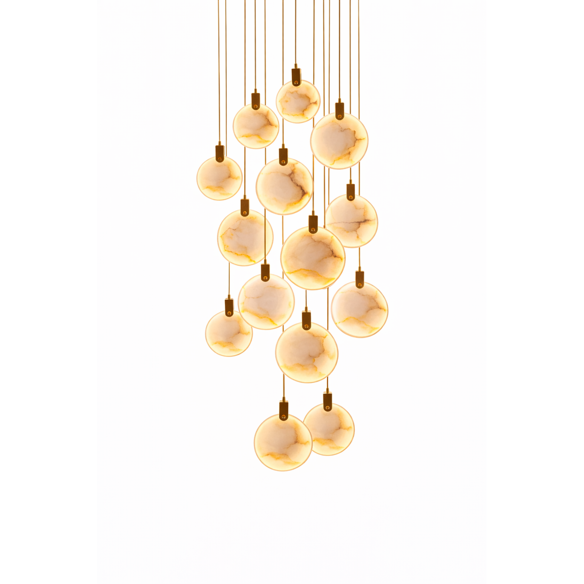 Chandelier with multiple round glass shades on a white background
