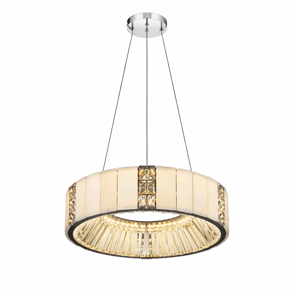 Luxury circular marble and crystal halo chandelier with polished ceiling canopy, vertical suspension cables, illuminated alabaster panels, and faceted crystal diffuser, isolated on pure white background