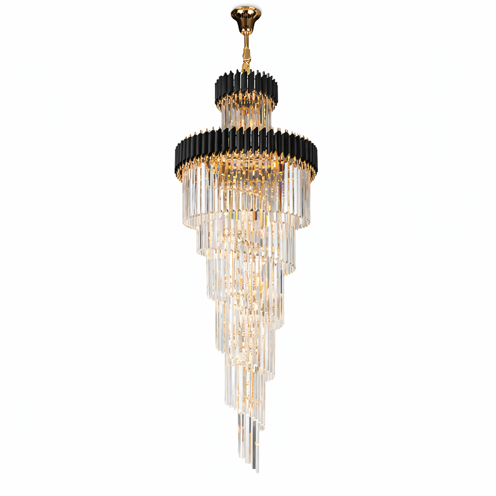 VORELLI® Milltimber spiral staircase chandelier with cascading diamond cut rectangular crystals and sleek cylinder tubing on white background