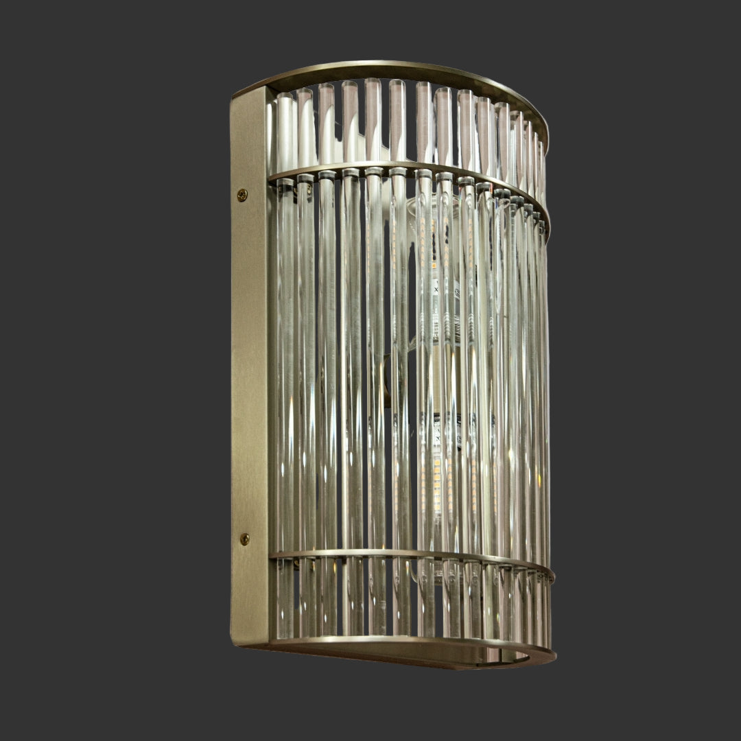 VORELLI Neptune IP65 wall light with cylinder crystal tubes in a champagne finish.