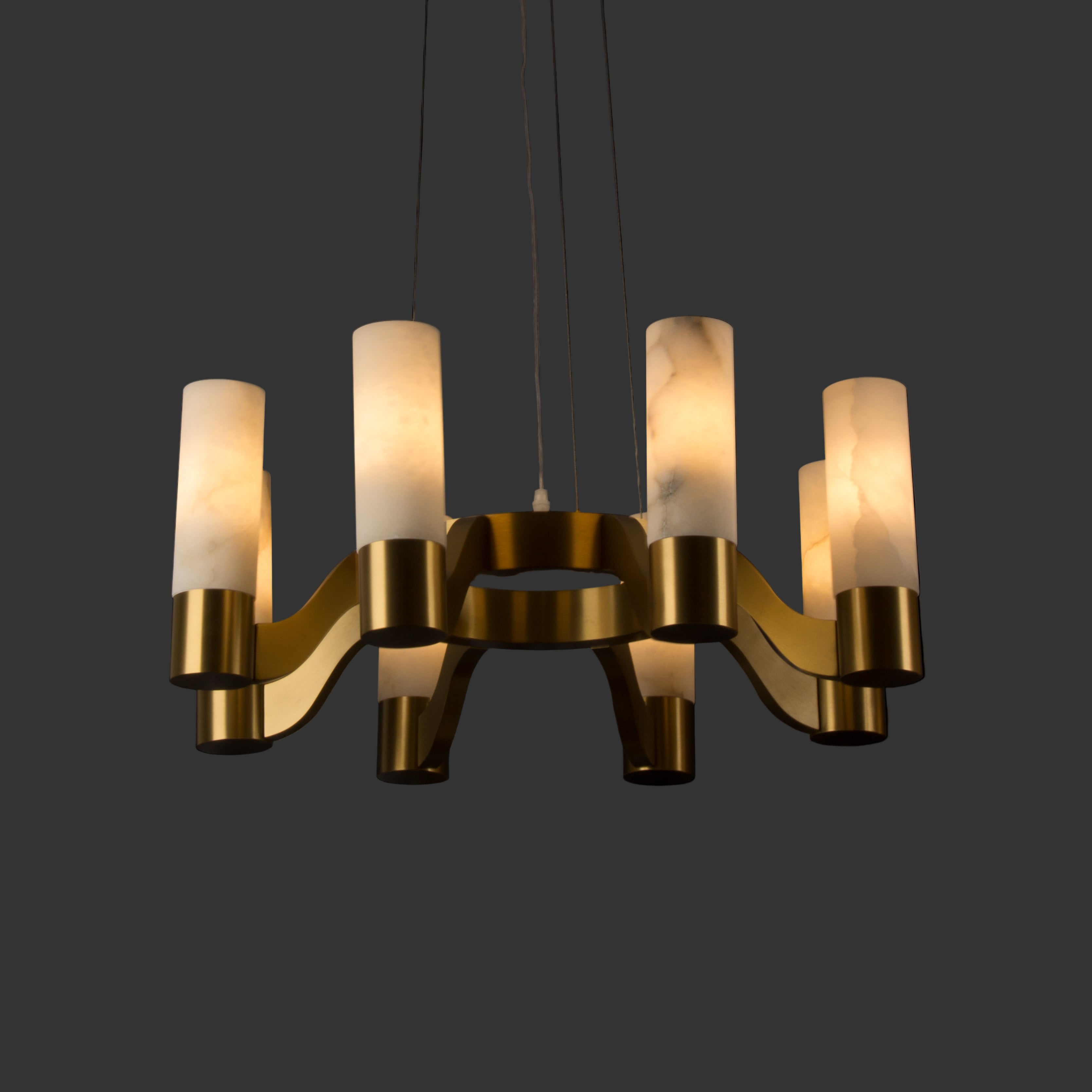 VORELLI® Valenza Marble Circular Chandelier featuring cylindrical alabaster marble shades on a modern gold ring frame, luxury dining room chandelier.
