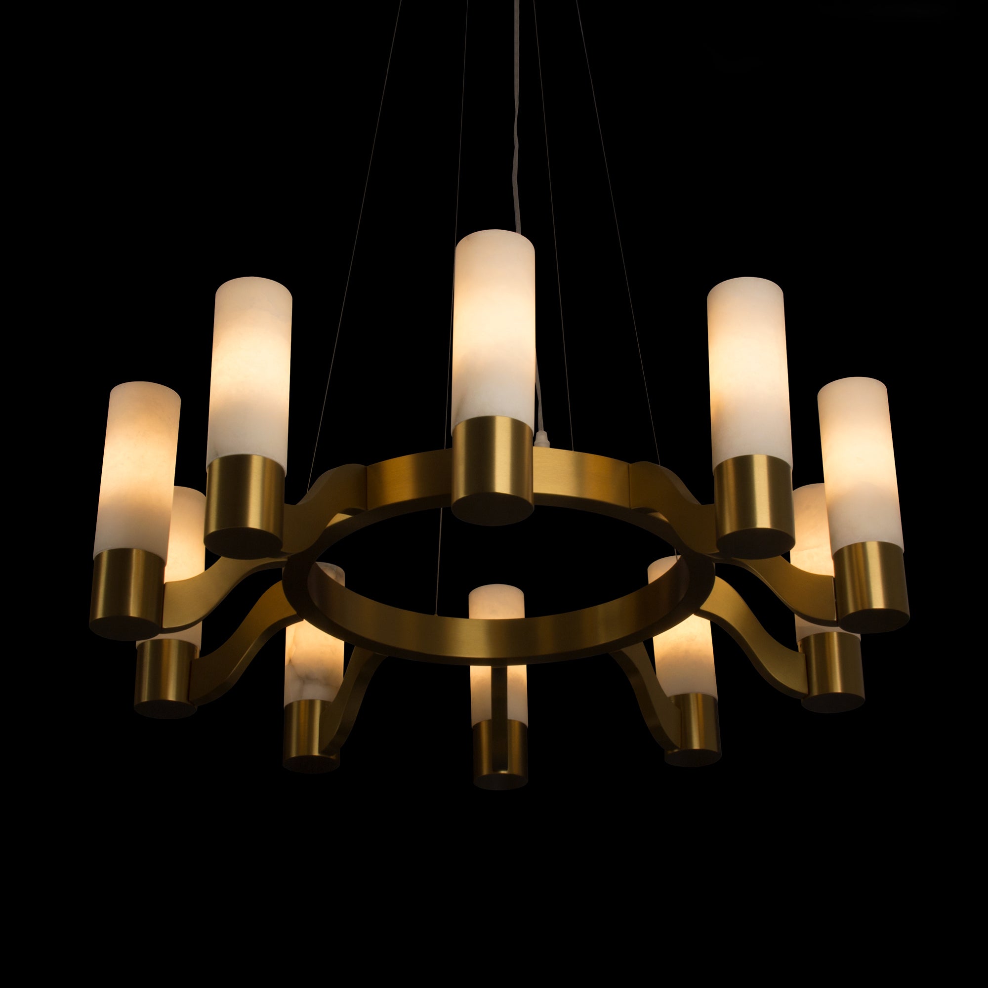Luxury VORELLI® Valenza Marble Circular Chandelier with cylindrical alabaster marble shades and contemporary circular frame design.