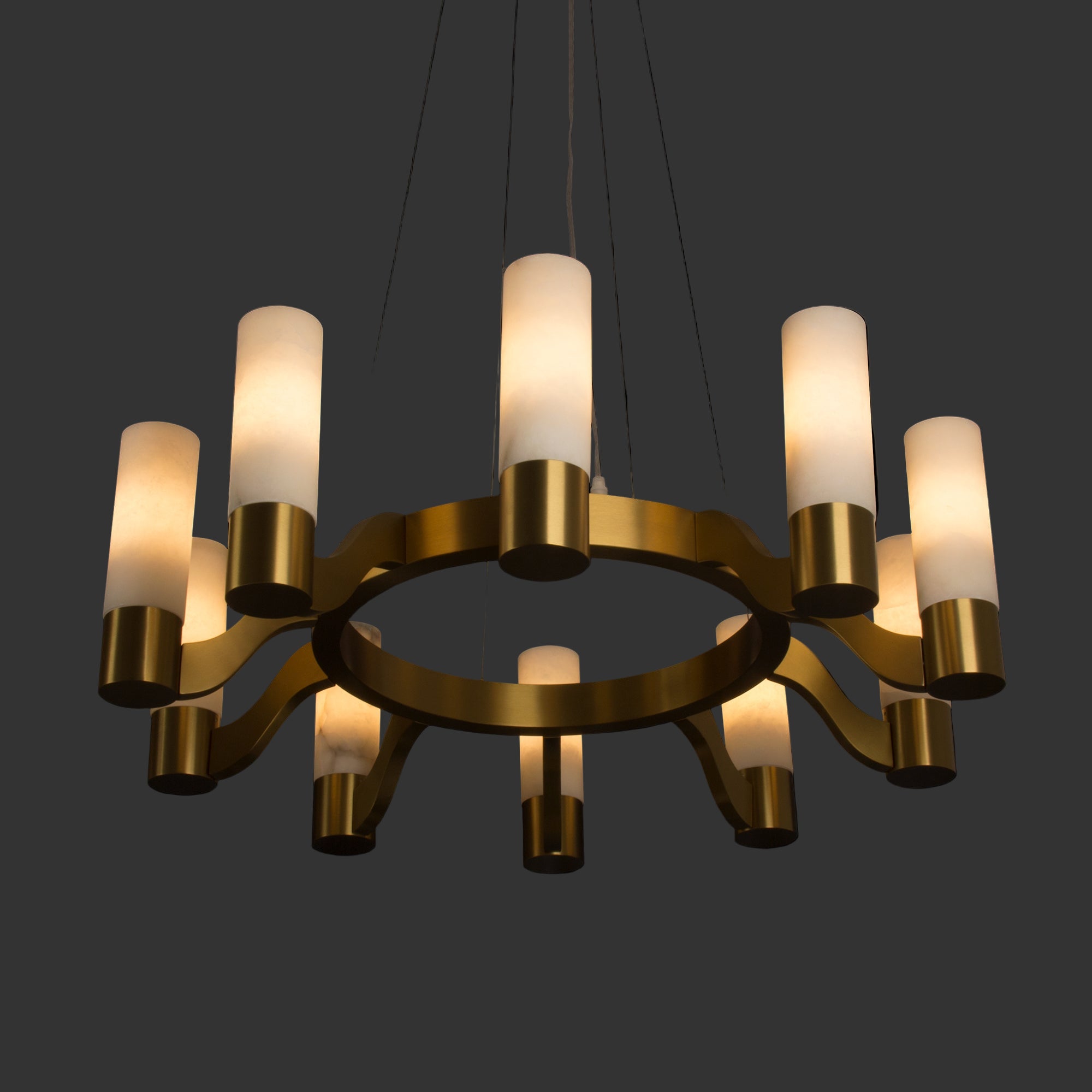 Luxury VORELLI® Valenza Marble Circular Chandelier with cylindrical alabaster marble shades and contemporary circular frame design.