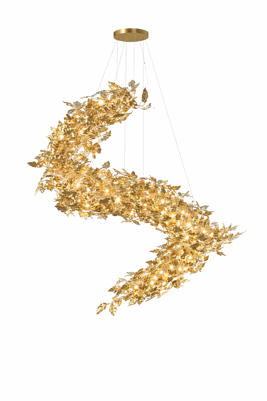 Luxury sculptural gold leaf staircase chandelier with cascading organic metal foliage, warm integrated illumination, and fine suspension cables, displayed within a contemporary double-height architectural interior