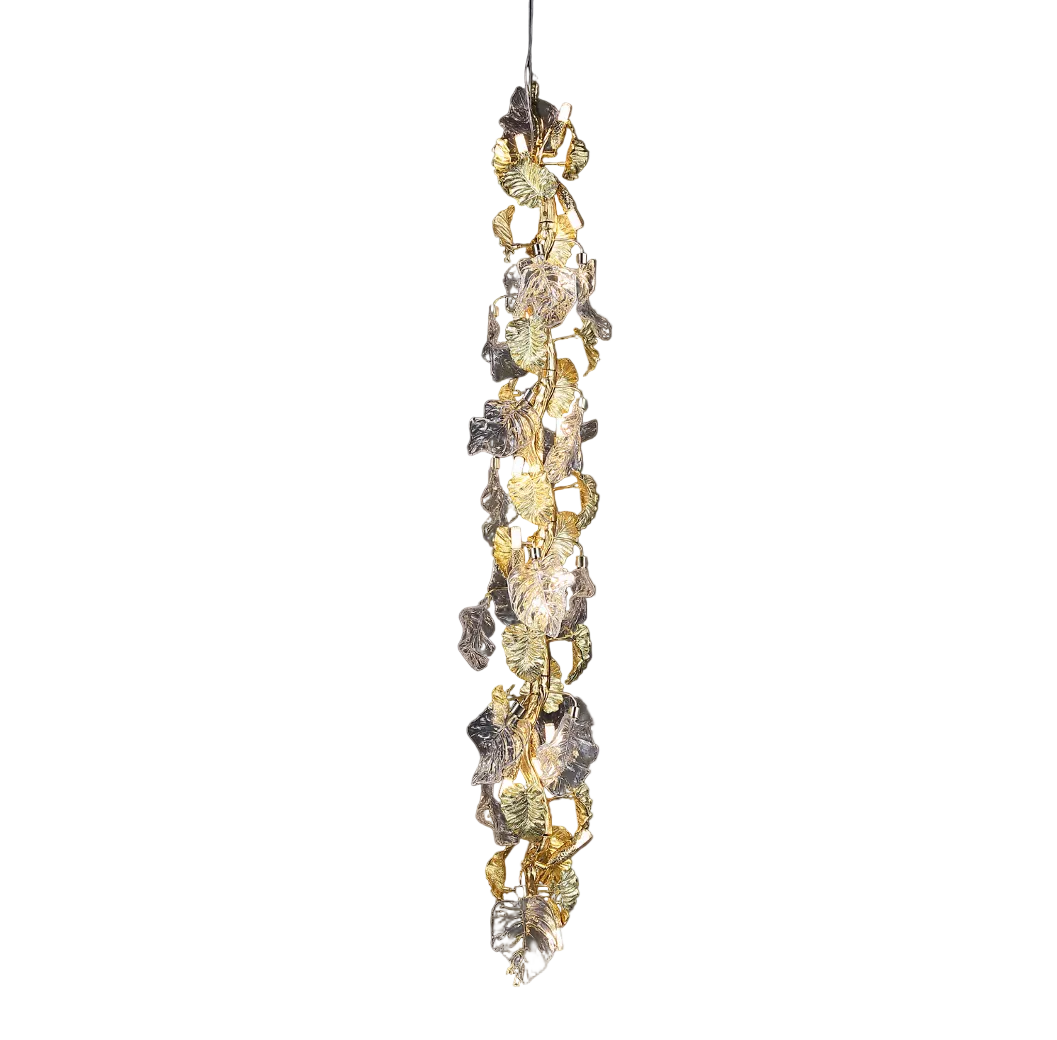 A close-up shot of the Aura Leaf Linear Staircase Chandelier II highlighting the intricate texture of the layered sculptural glass leaves.