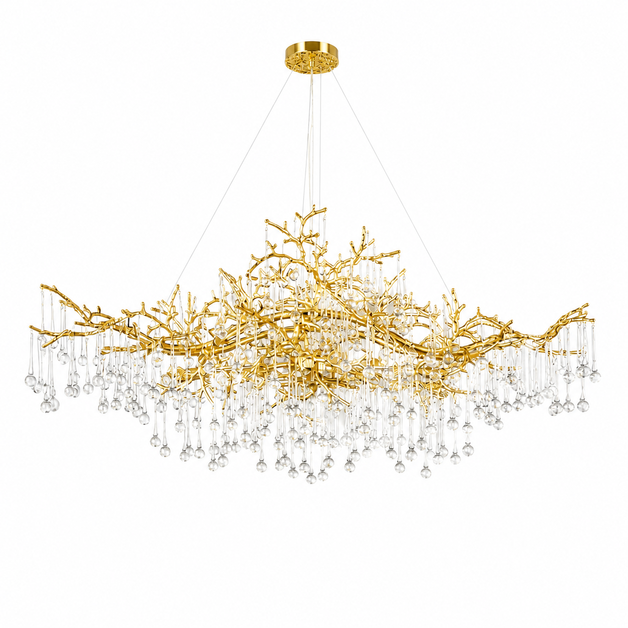 A close-up shot of the L’Albero d’Oro Rectangular Chandelier V by Vorelli, highlighting the intricate details of the sculptural branches and shimmering glass droplets.
