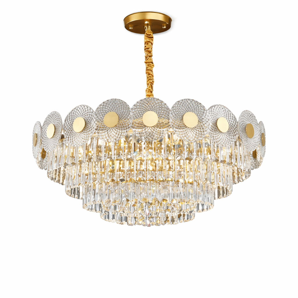 A close-up shot of the VORELLI Morandi Circular Chandelier highlighting the intricate texture of the patterned glass discs and the precision-crafted rectangle diamond-cut crystals.
