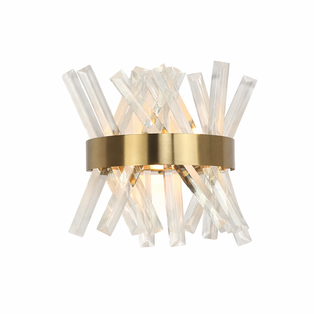 A close-up shot of the Yakutia Wall Light showcasing the intricate angled diamond cut crystals refracting warm light within its contemporary frame.