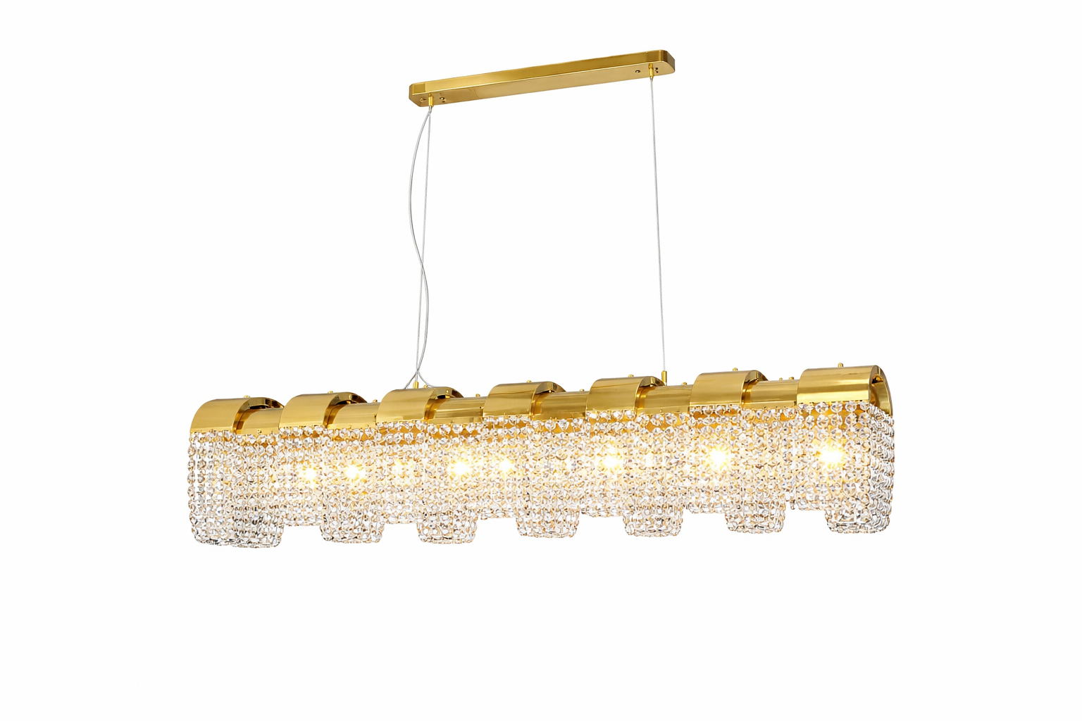 A close-up view highlighting the intricate diamond cut square crystals of the VORELLI Capri Rectangular Chandelier, refracting light with brilliant clarity.